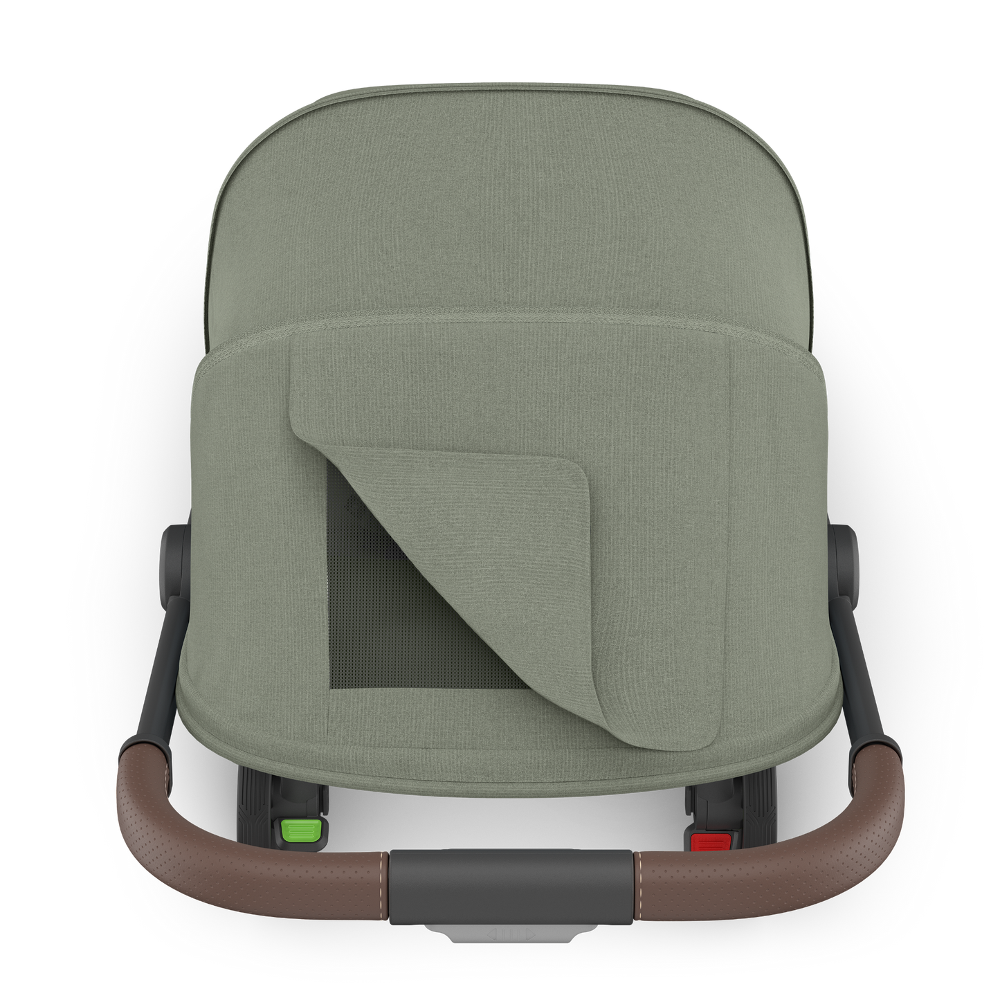 Green UPPAbaby Travel stroller canopy with brown accents and carbon frame on a white background