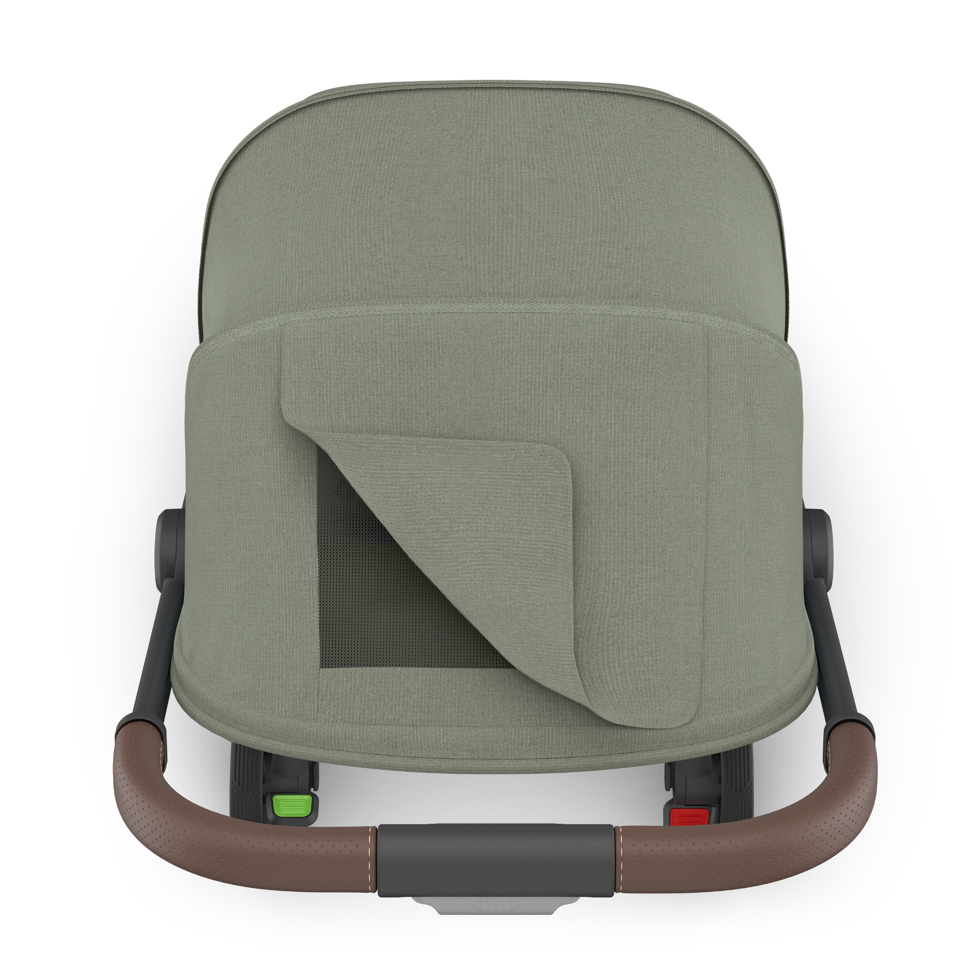 Green UPPAbaby Travel stroller canopy with brown accents and carbon frame on a white background