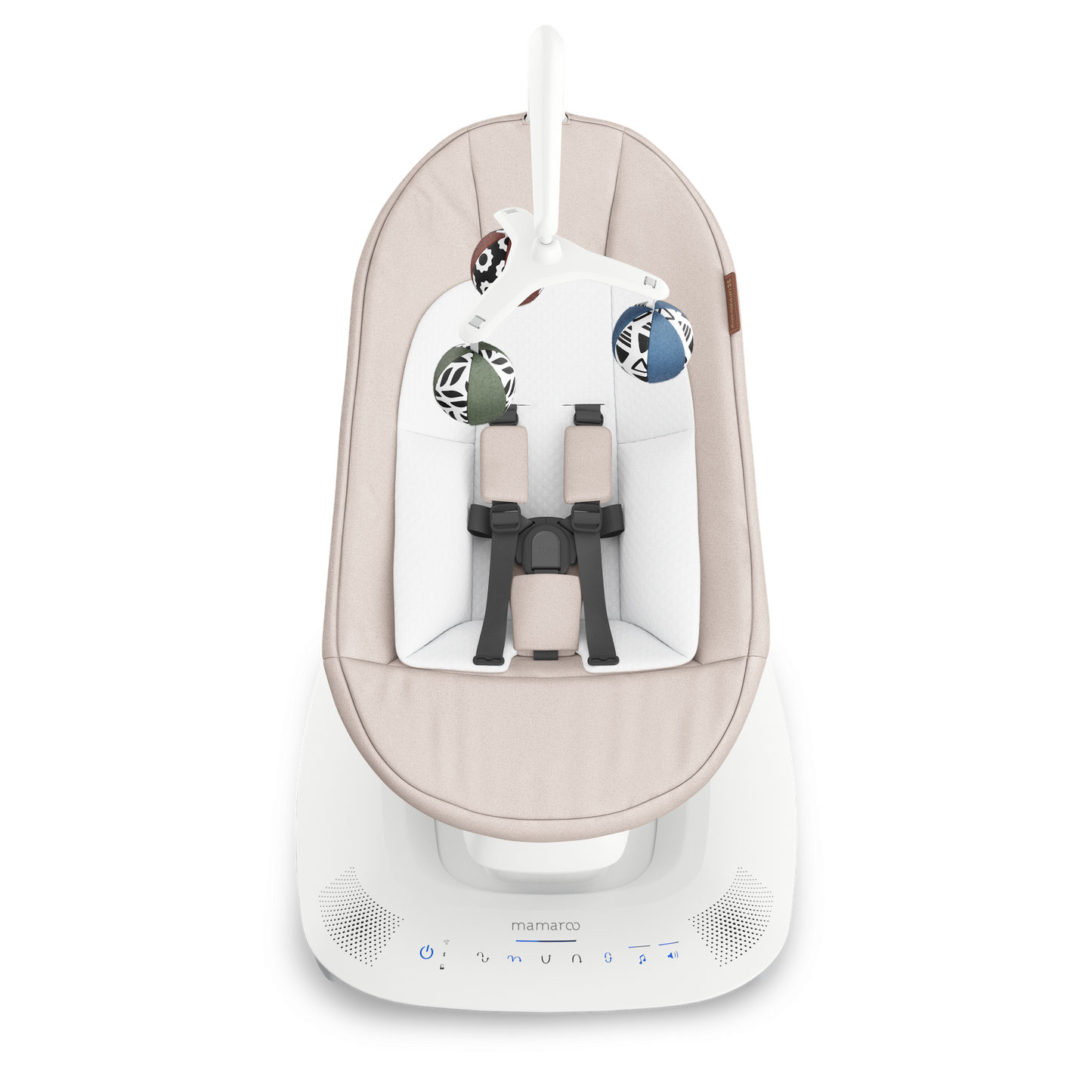 Baby swing with beige cover and white base on a white background