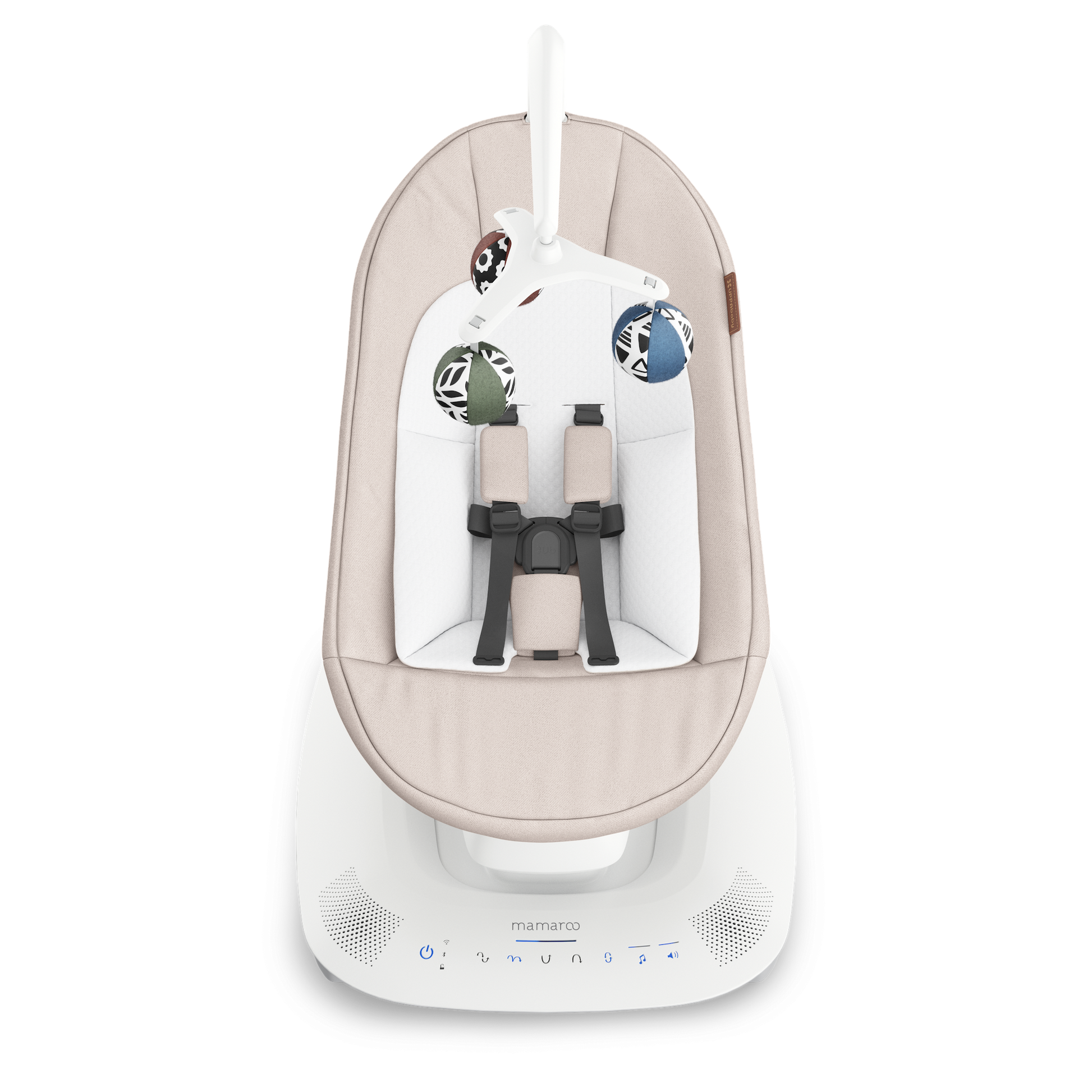 Baby swing with beige cover and white base on a white background