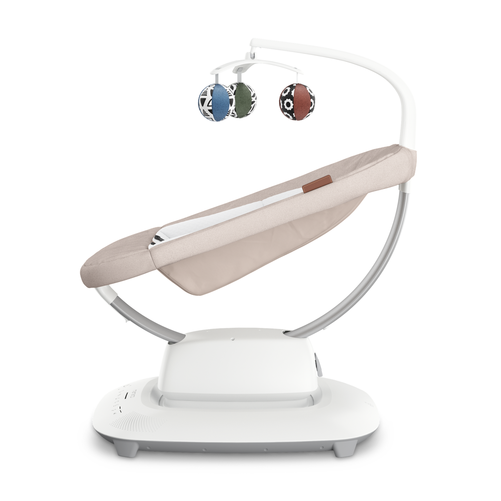 Baby swing with beige seat and colorful hanging toys on a white background