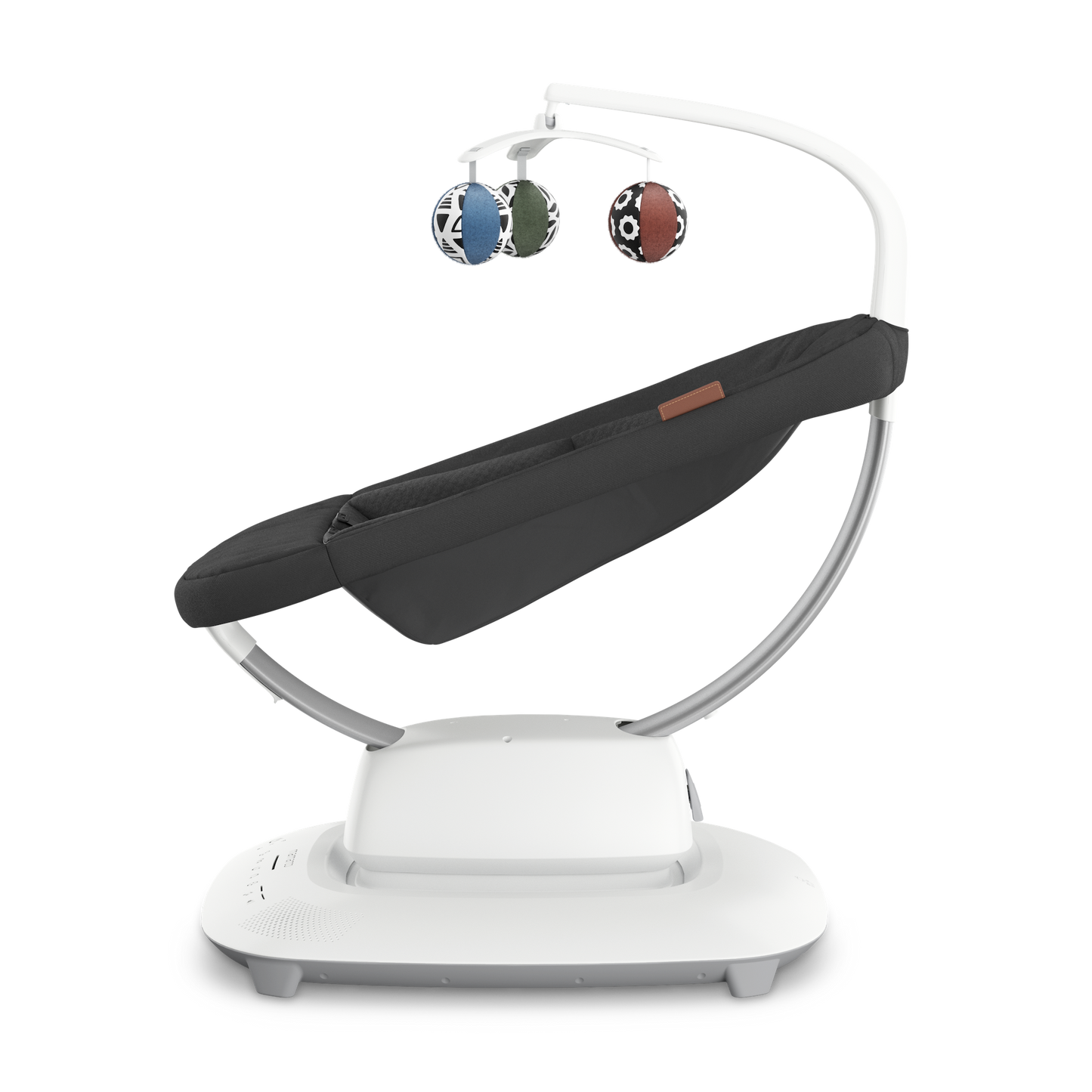 Baby swing with black seat and colorful hanging toys on a white background