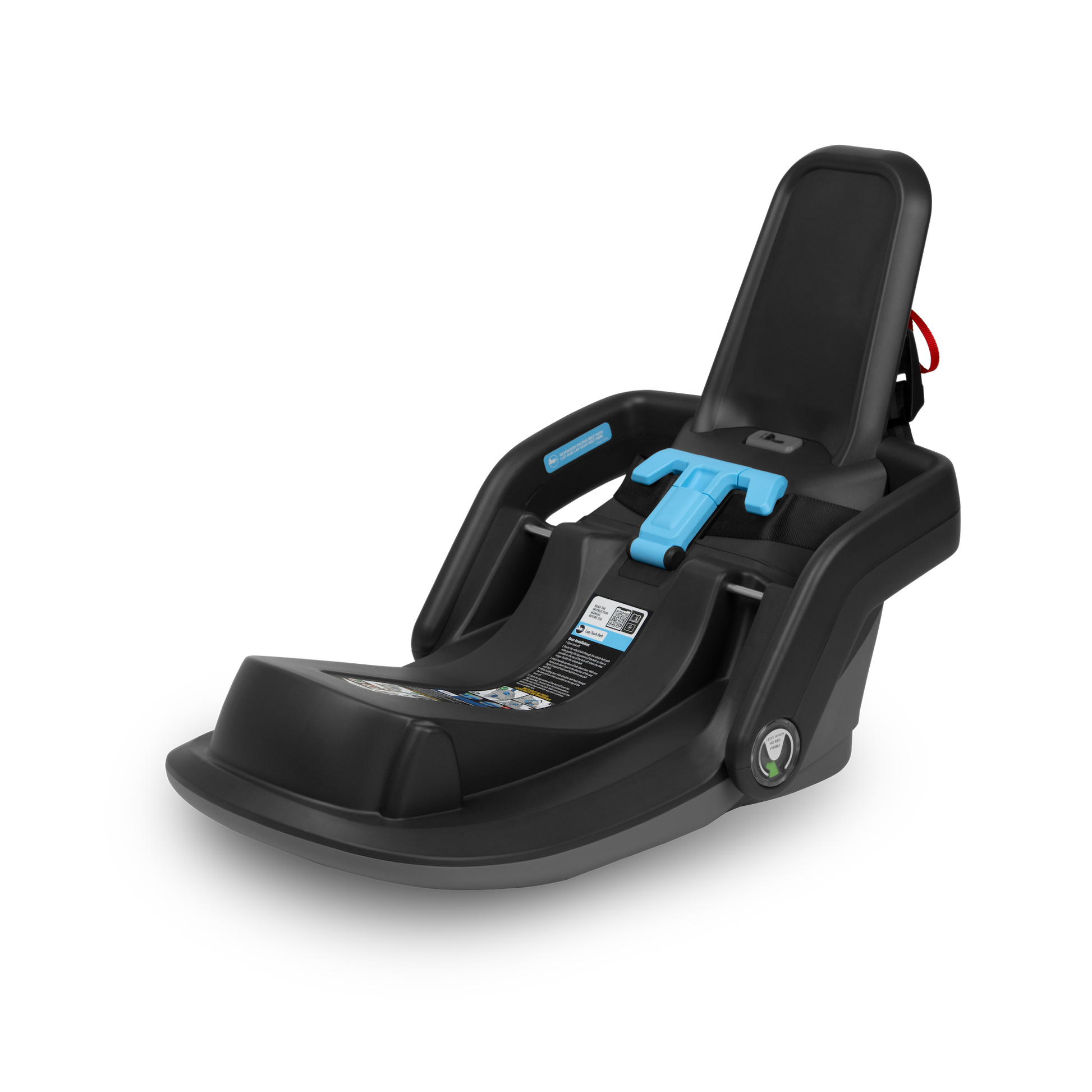 Black car seat base with blue straps on a white background