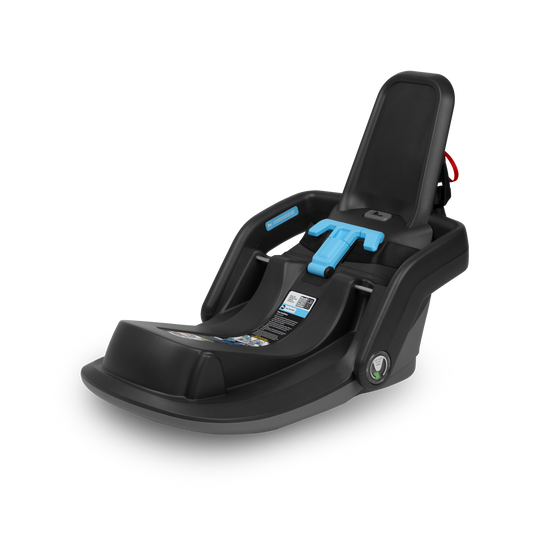 Black car seat base with blue straps on a white background