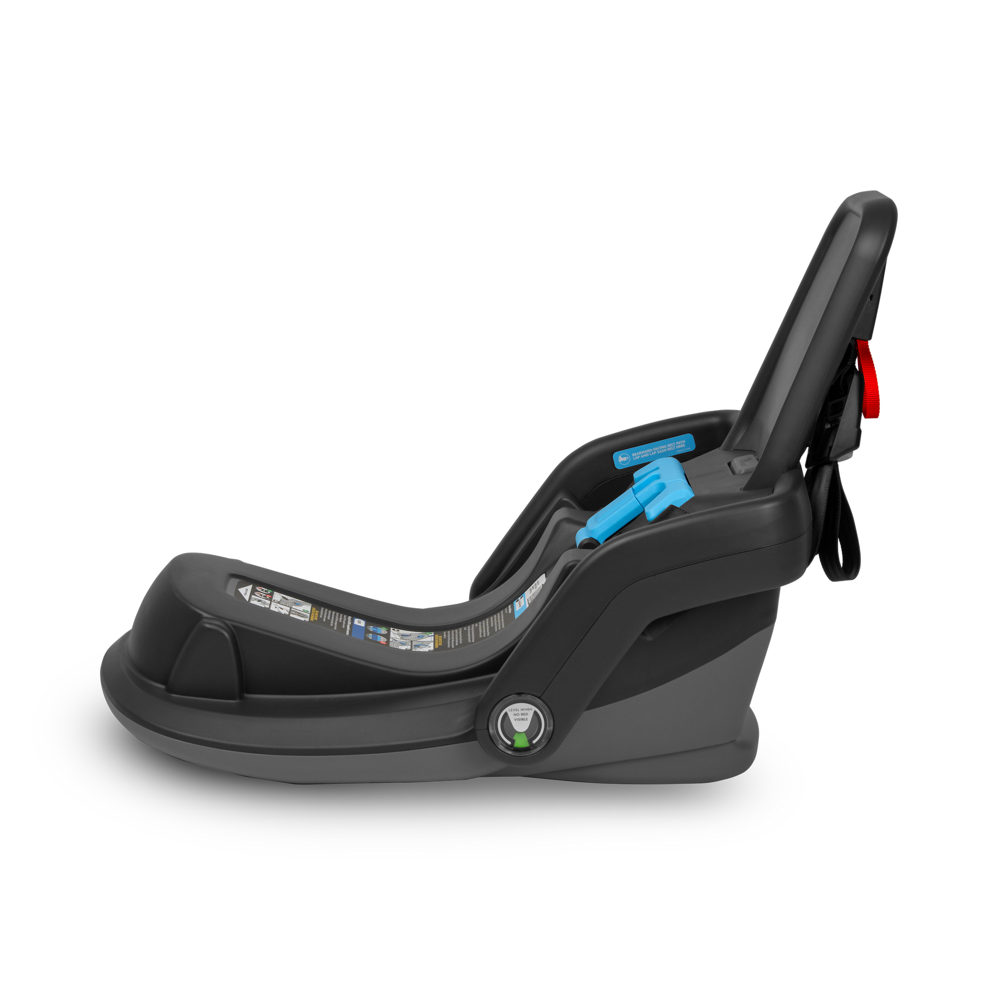 Side on view of black capsule base with blue indicators on a white background.