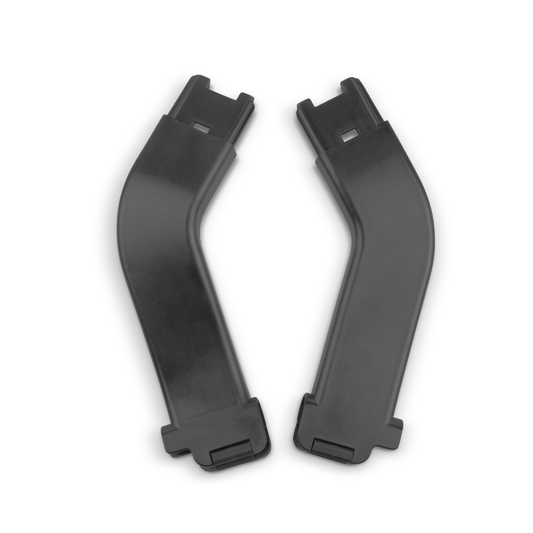 Two black UPPAbaby Minu Duo Capsule adapters for Mesa capsule on a white background. 