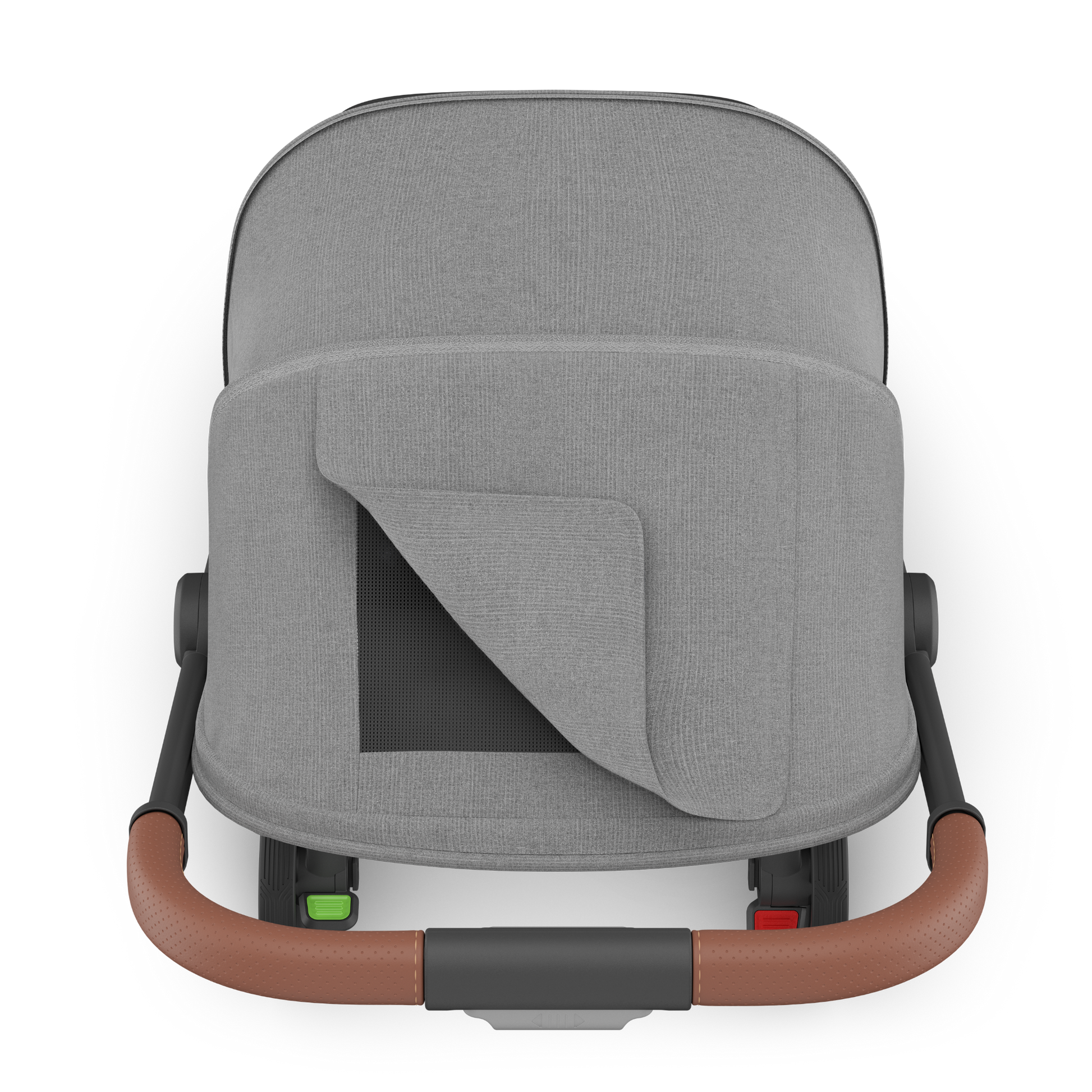 Charcoal Grey UPPAbaby travel stroller with brown leather accents a white background