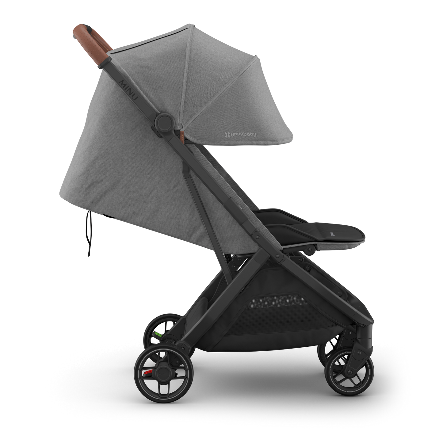 Charcoal Grey UPPAbaby travel stroller with brown leather accents a white background