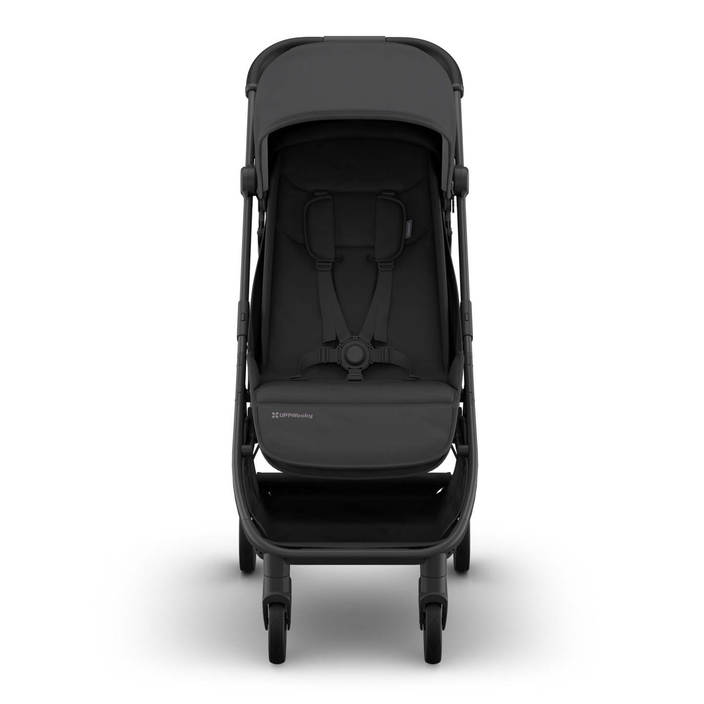 Travel stroller with black fabric, black carbon frame and black leather handle. Front. 