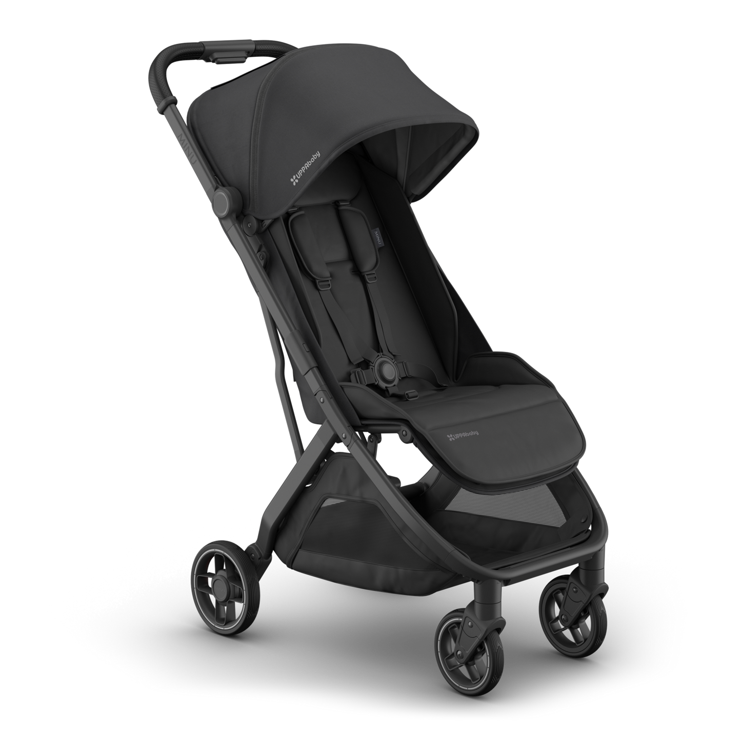Travel stroller with black fabric, black carbon frame and black leather handle. Side view. 