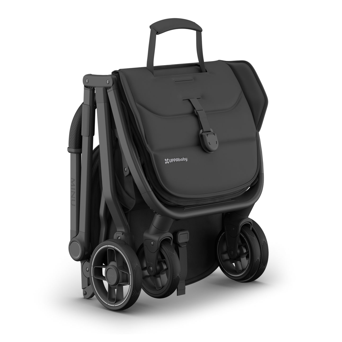 Travel stroller with black fabric, black carbon frame and black leather handle. Folded.  