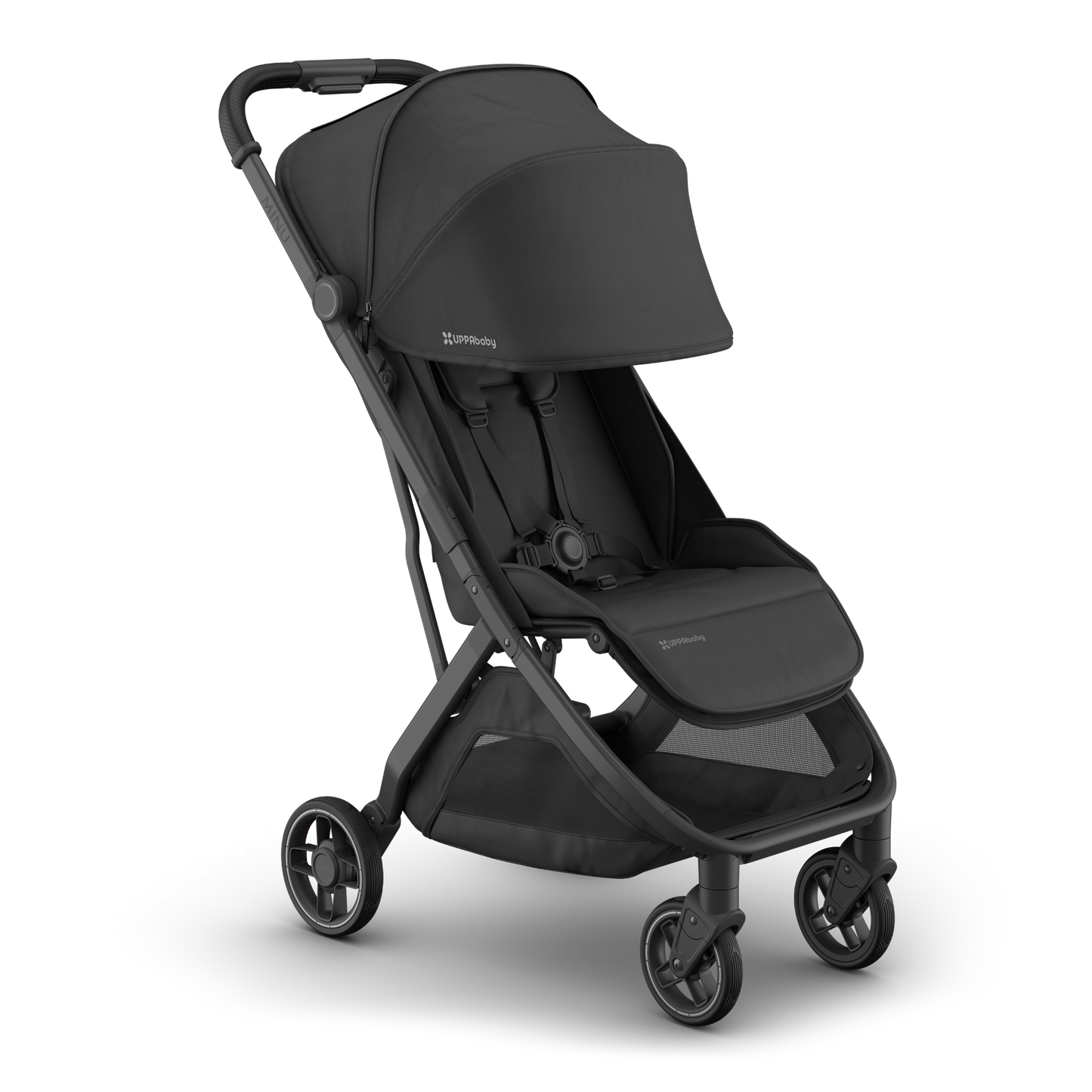 Black UPPAbaby Minu Travel stroller with black fabric, frame and leather accents on a white background. 
