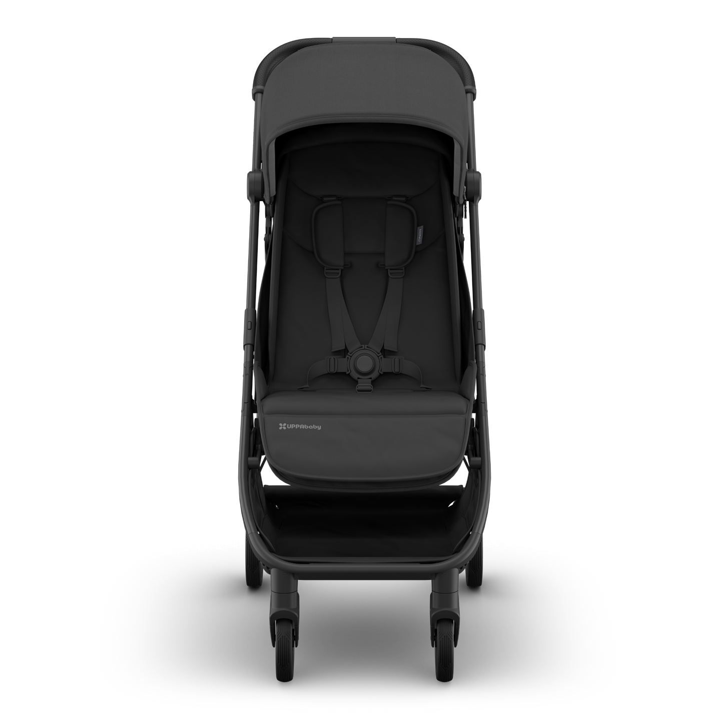 Black UPPAbaby Minu Travel stroller with black fabric, frame and leather accents on a white background. 