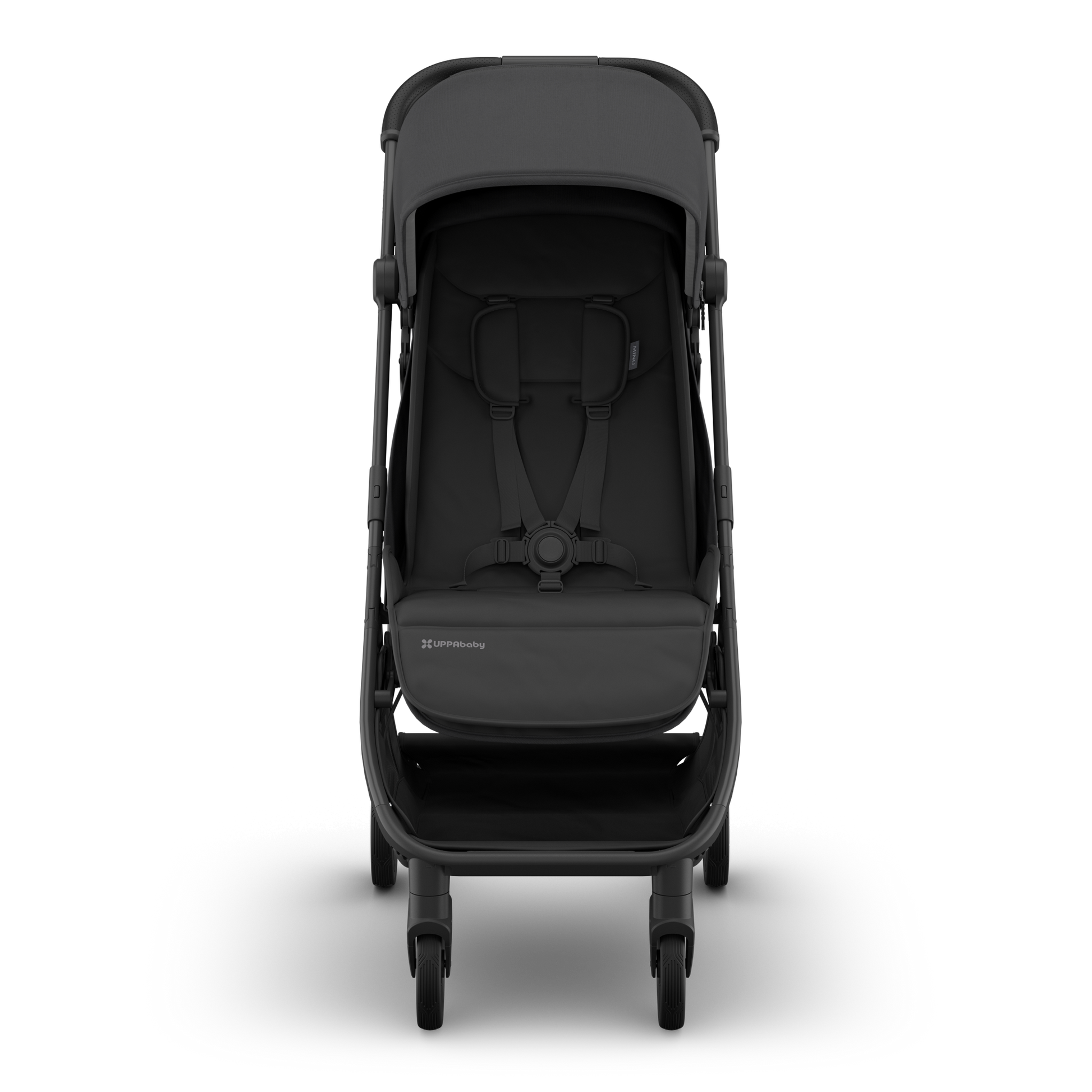 Black UPPAbaby Minu Travel stroller with black fabric, frame and leather accents on a white background. 