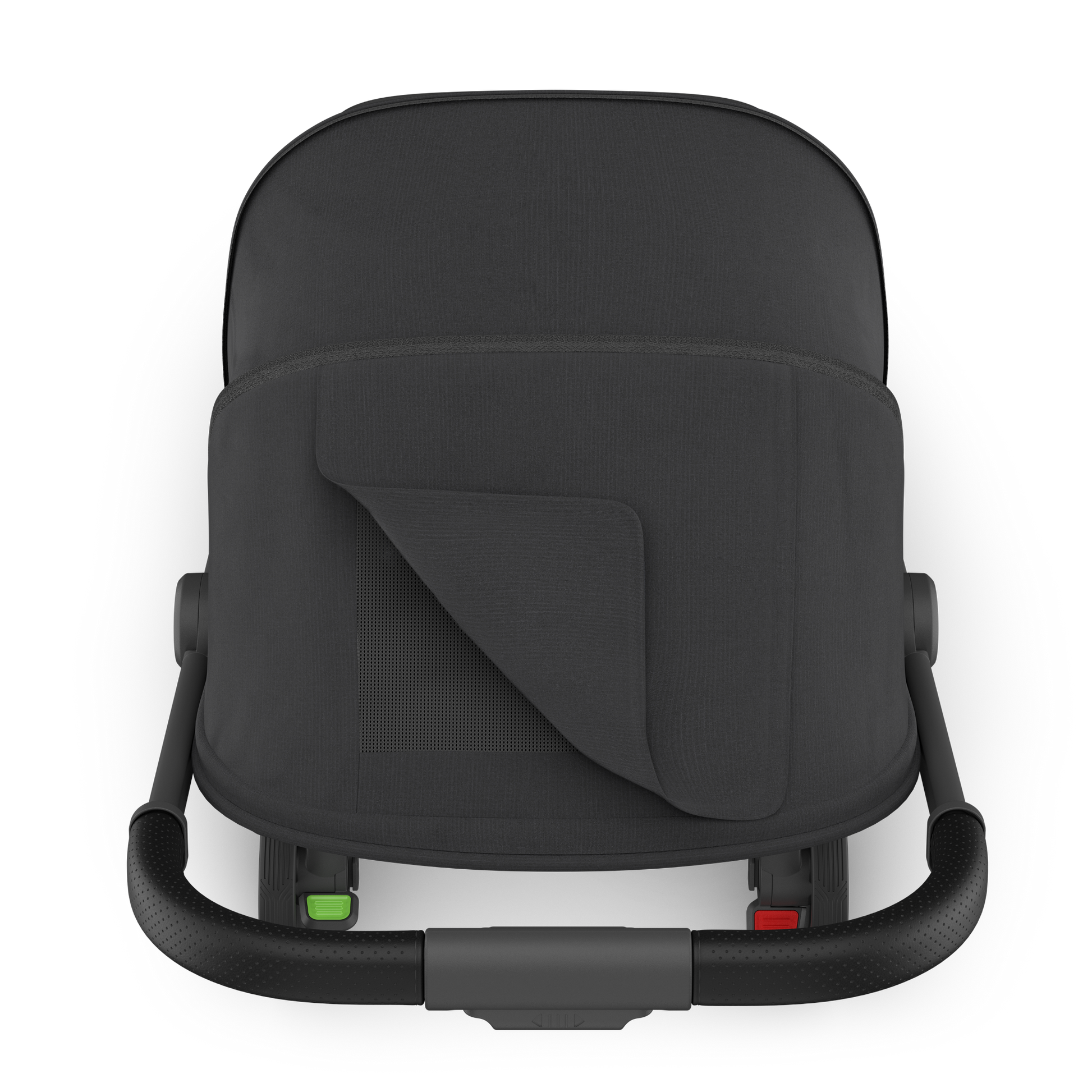 Black UPPAbaby Minu Travel stroller  canopy with black fabric, frame and leather accents on a white background. 