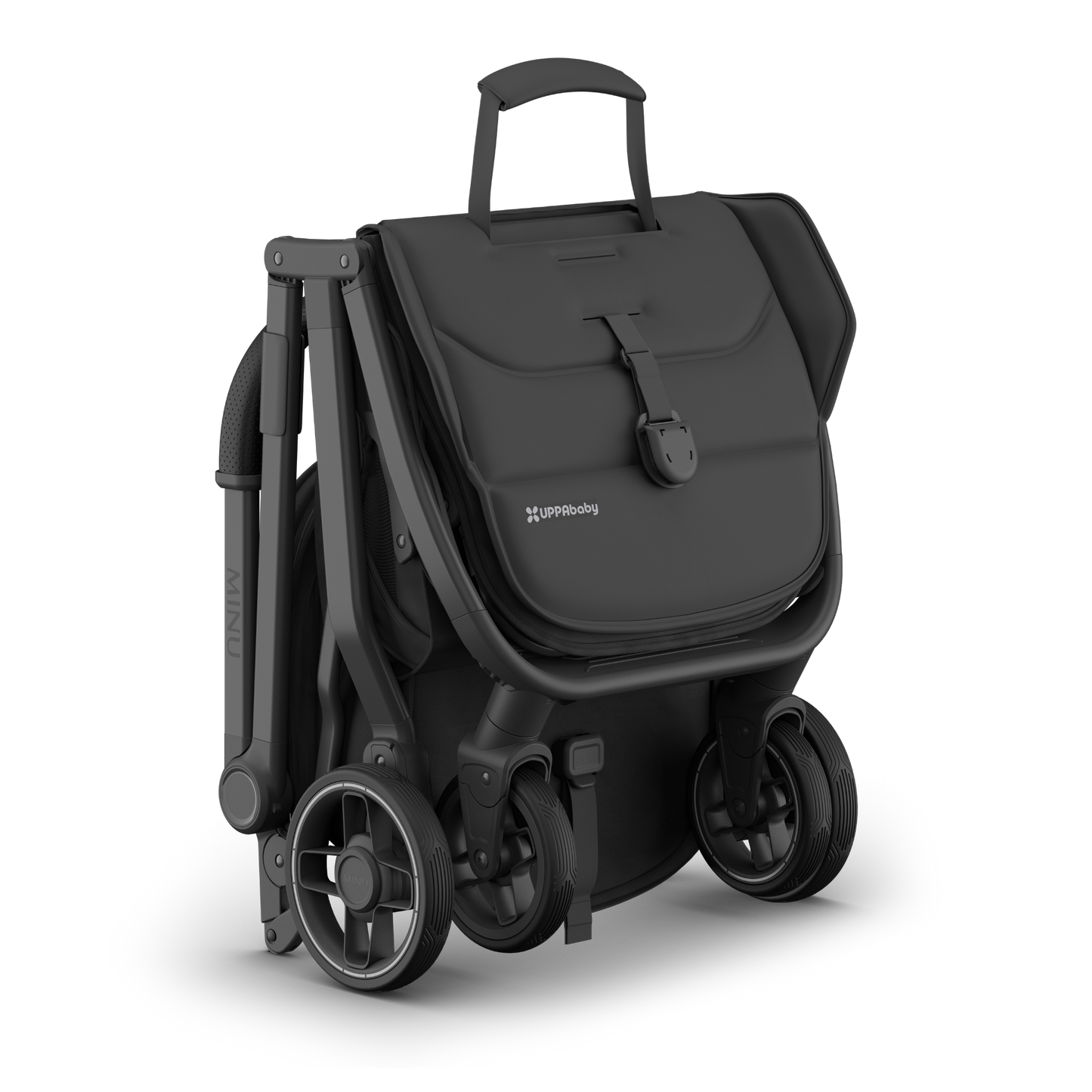 Black UPPAbaby Minu Travel stroller folded. With black fabric, frame and leather accents on a white background. 