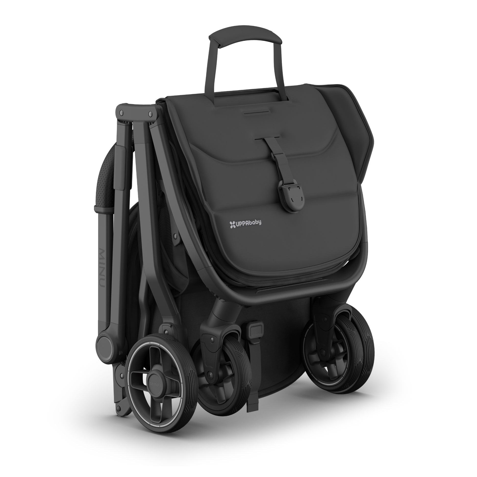 Black UPPAbaby Minu Travel stroller folded. With black fabric, frame and leather accents on a white background. 