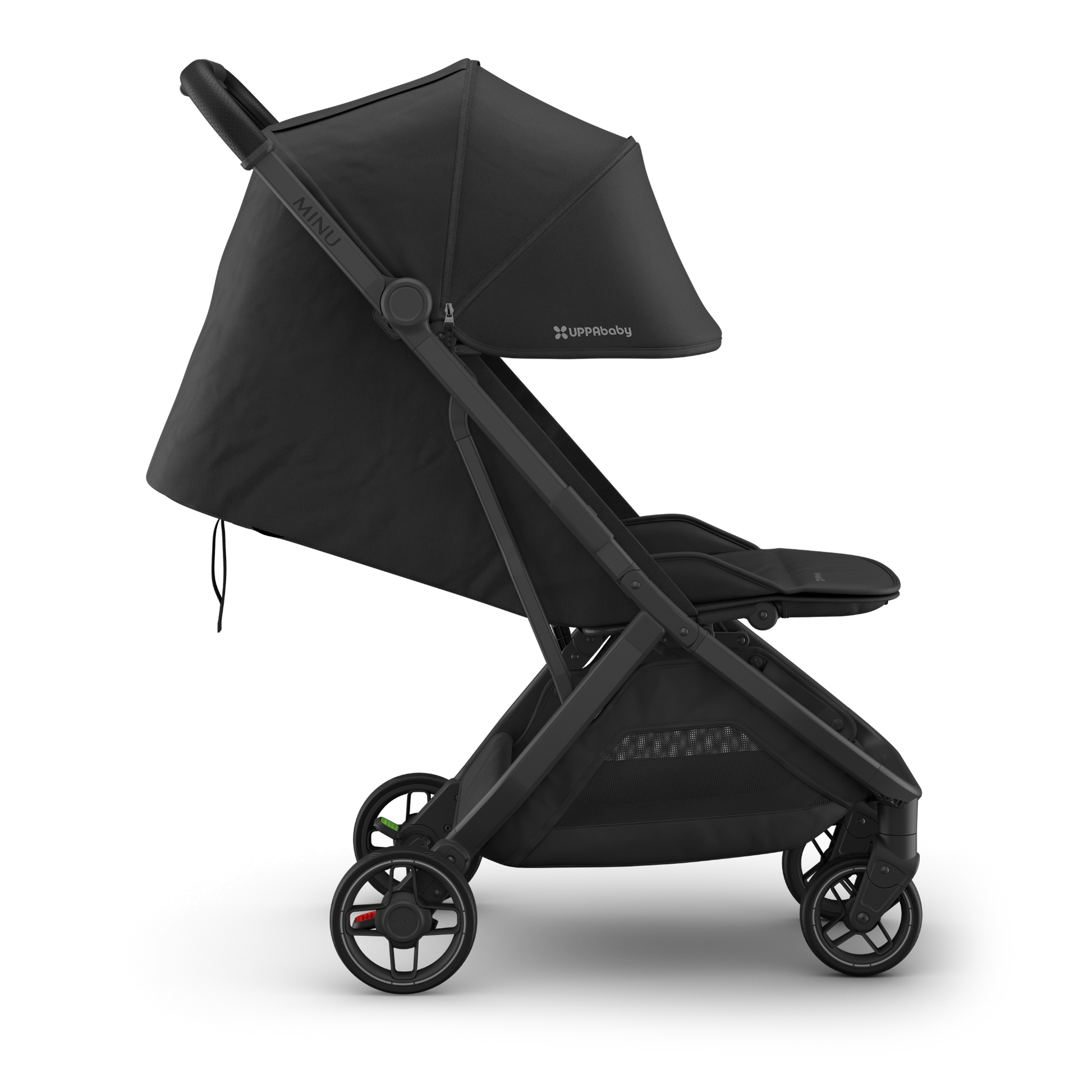 Black UPPAbaby Minu Travel stroller with black fabric, frame and leather accents on a white background. 