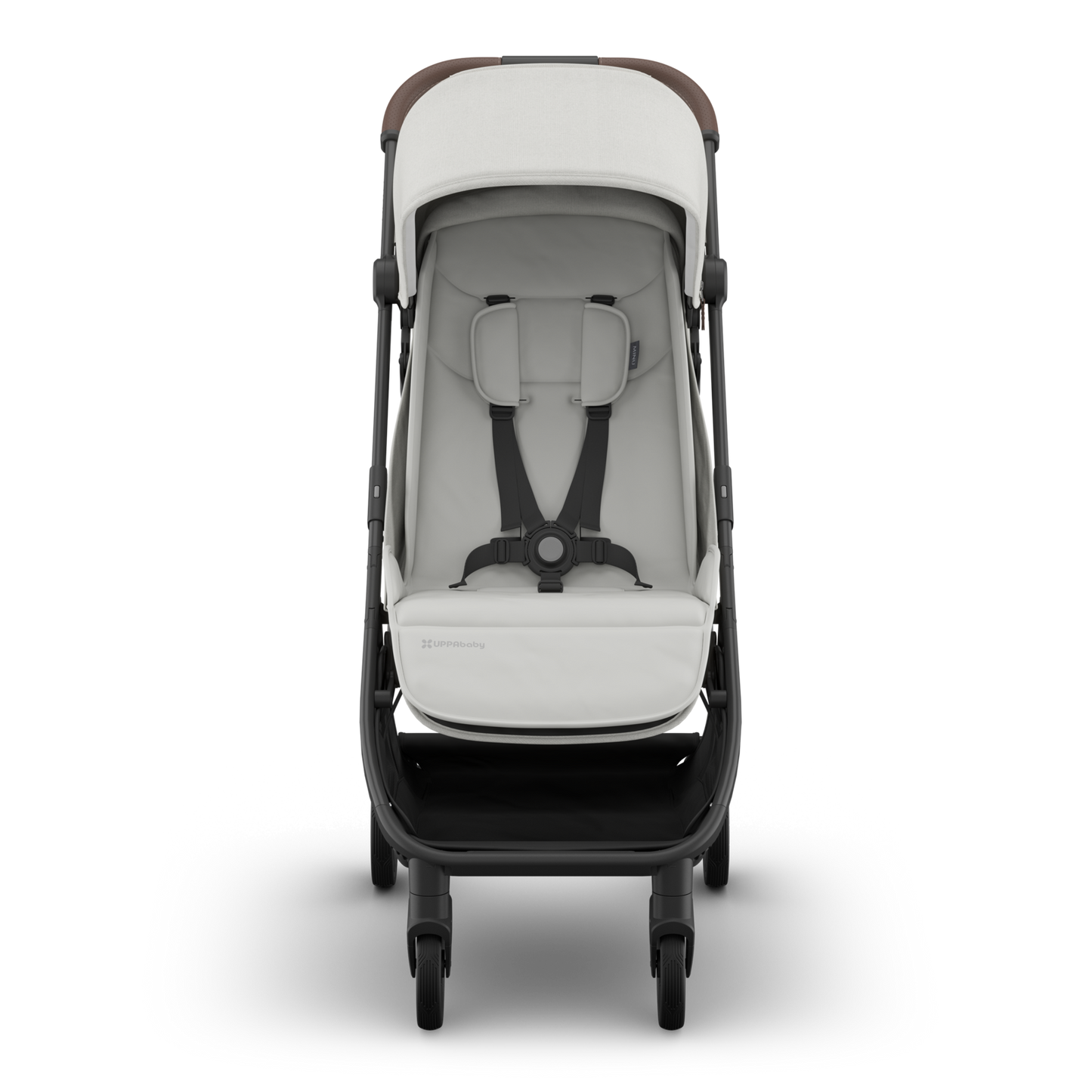 Travel stroller with grey pearl fabric, Carbon frame and saddle leather handle. Front 