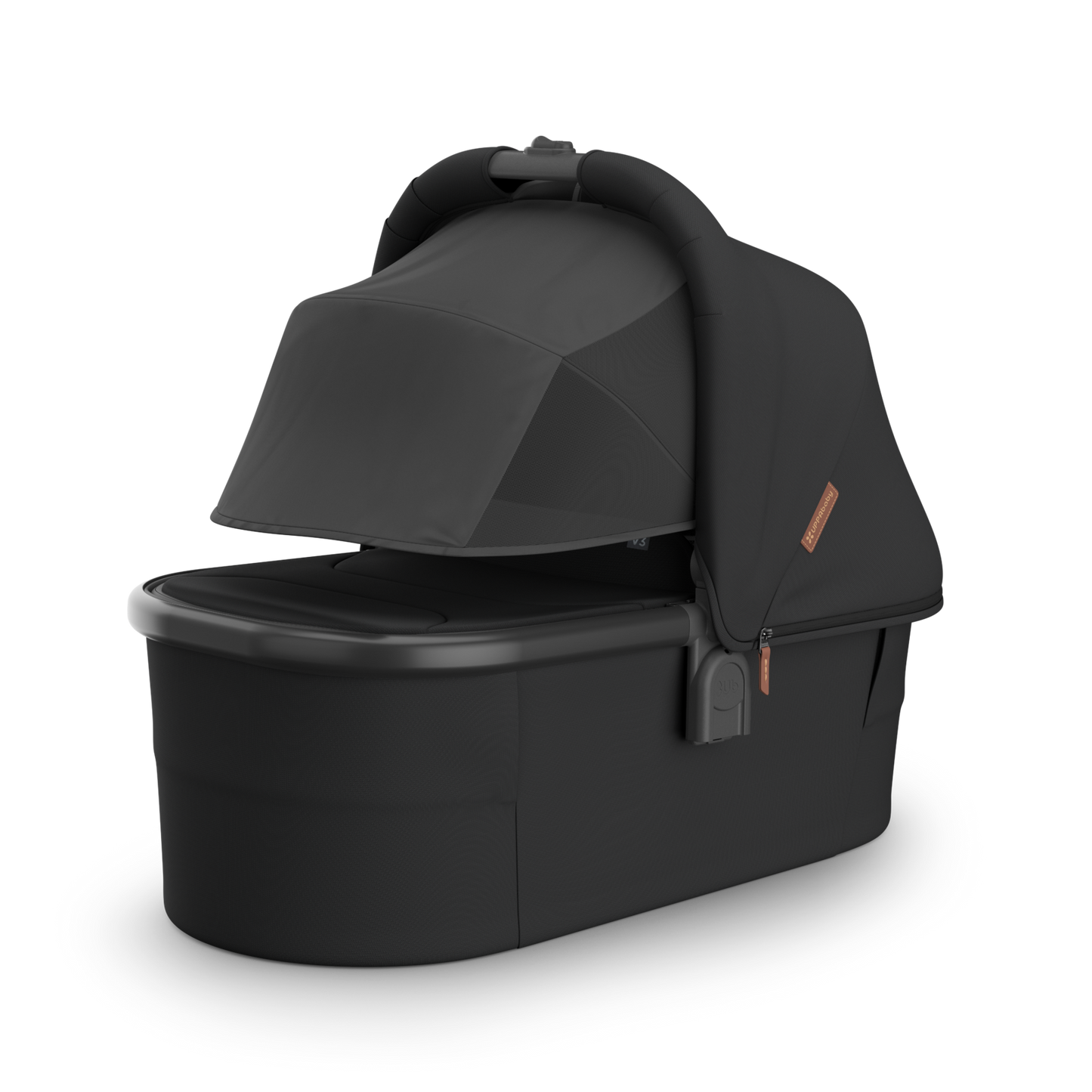 UPPAbaby Vista V3 Nori Bassinet. Black Fabric with Chestnut leather accents.  Sunshade/privacy shade extended. 
