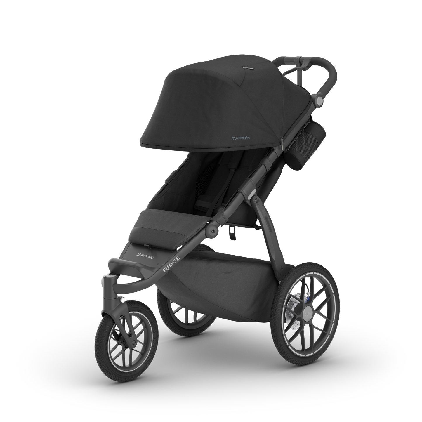 Black 3 wheel all terrain stroller on a white background