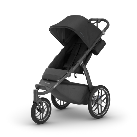 Black 3 wheel all terrain stroller on a white background