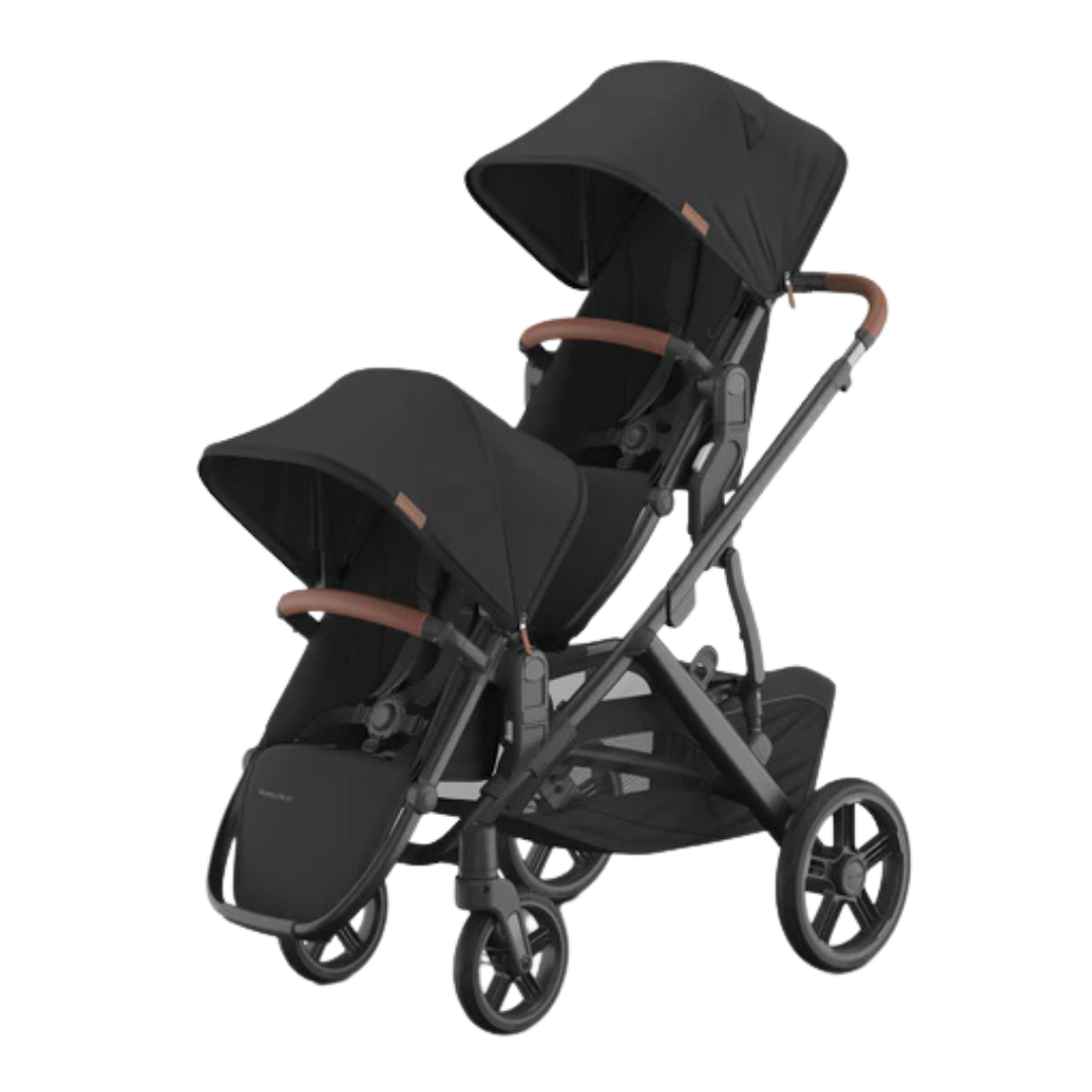 Rumble Seat with black fabric, black frame and Chestnut leather accents including bumper bar. Shown on Vista Nori Stroller  