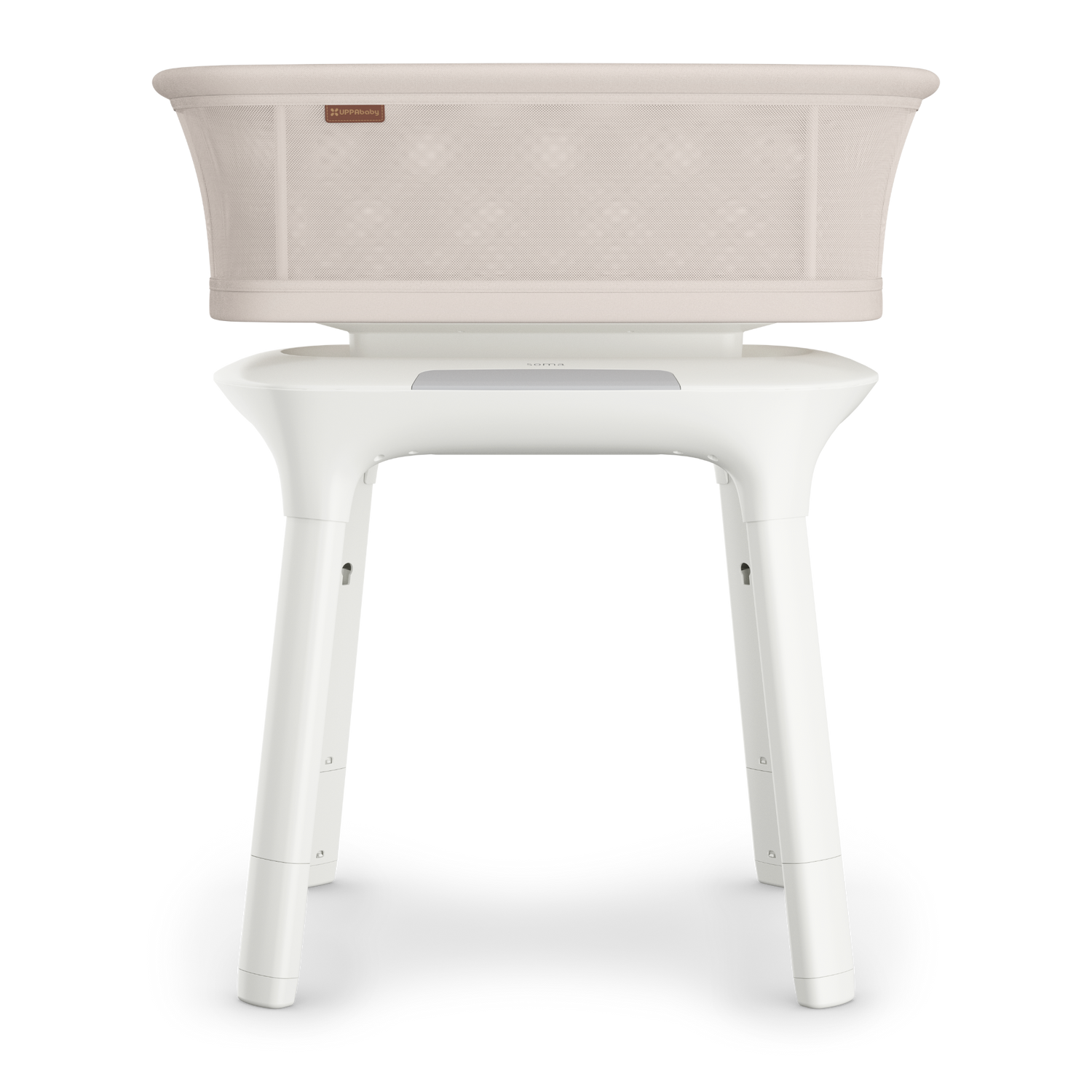 UPPAbaby sand coloured mesh  baby bassinet with white legs a white background.