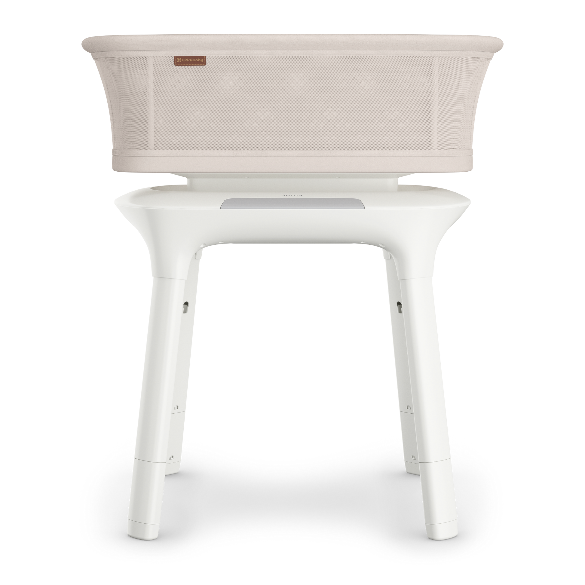 UPPAbaby sand coloured mesh  baby bassinet with white legs a white background.