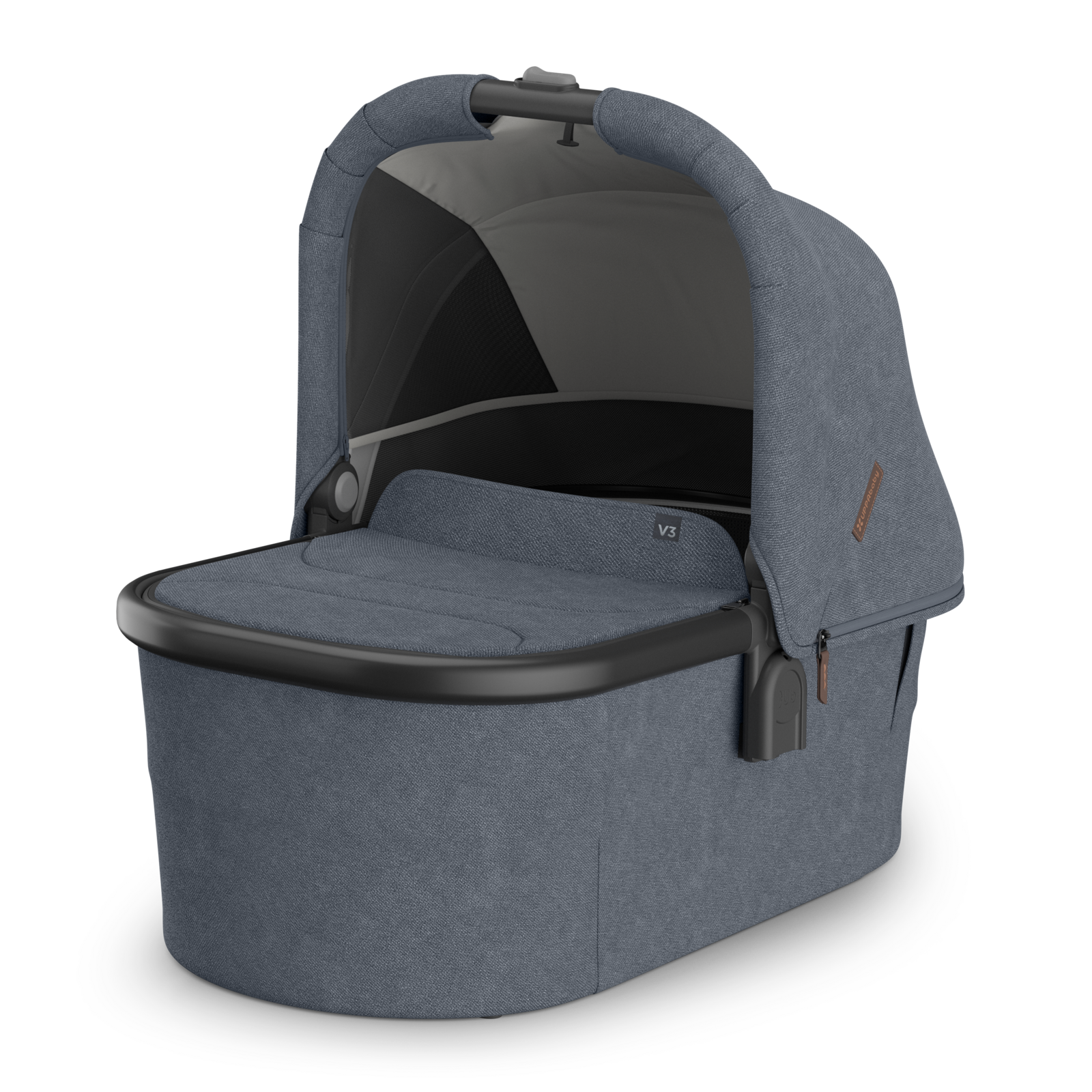 Denim Blue UPPAbaby Pram bassinet with extended canopy and carbon frame. 