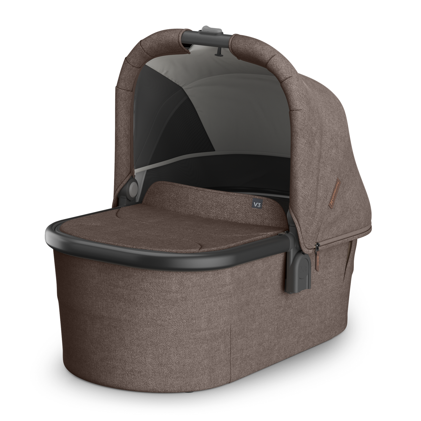 Brown UPPAbaby bassinet with canopy on a white background