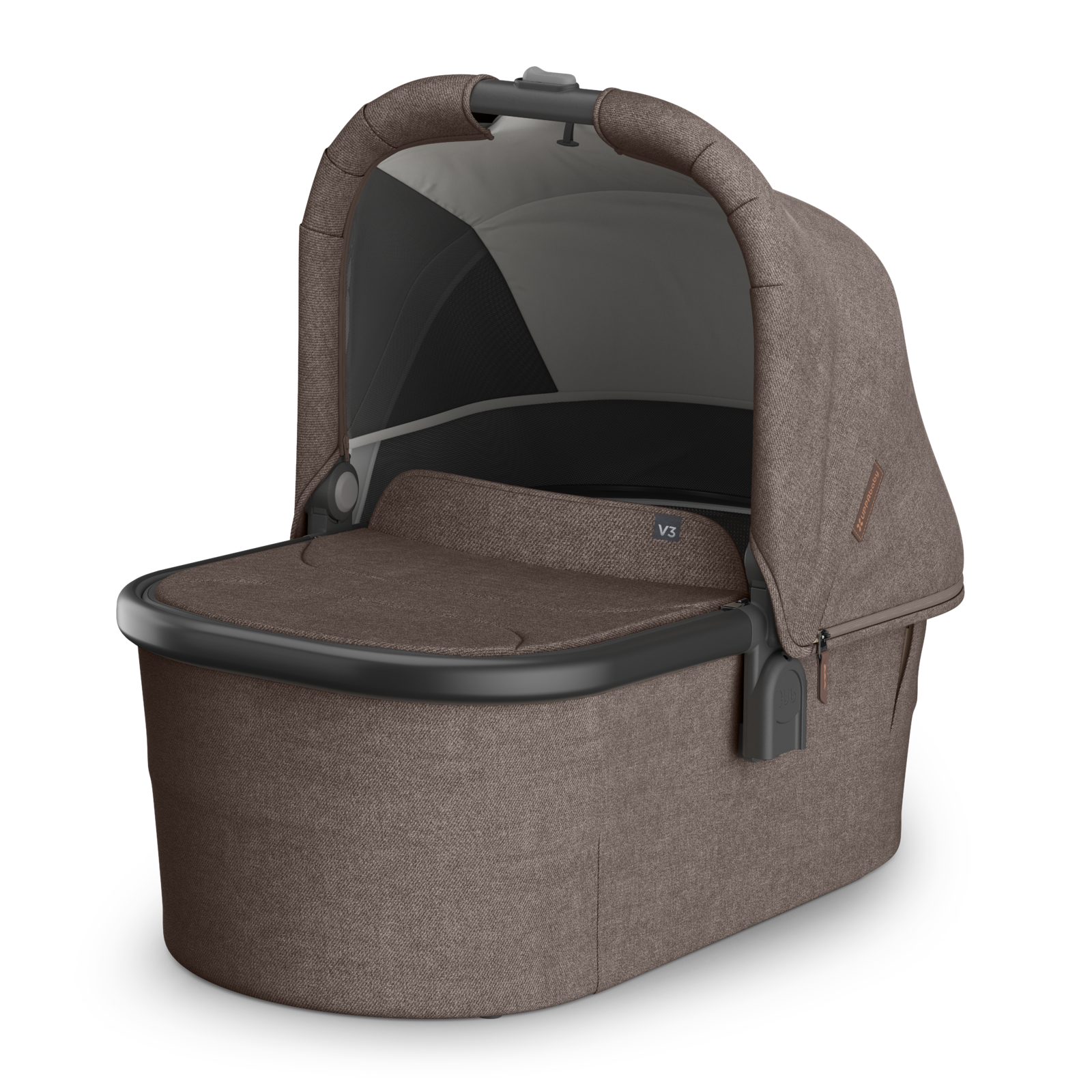 Brown UPPAbaby bassinet with canopy on a white background