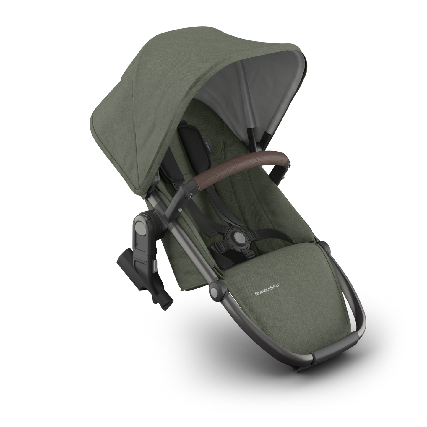 Meadow Green Second seat for UPPAbaby stroller with open canopy on a carbon frame with chestnut leather accents. 