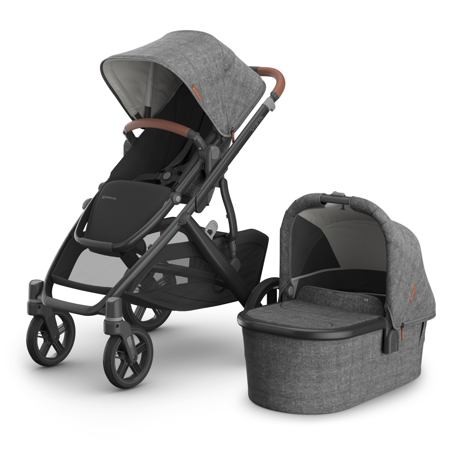UPPAbaby Vista V3 Greyson Stroller. Charcoal Grey Fabric, Carbon Frame and Chestnut leather handle and bumper bar accents.  