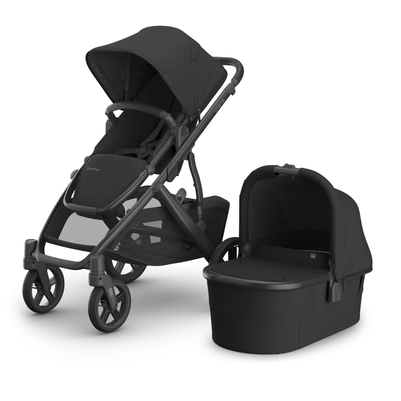 UPPAbaby Vista V3 Stroller in Jake (Black. Black fabric, carbon frame and Black leaher accents. 
