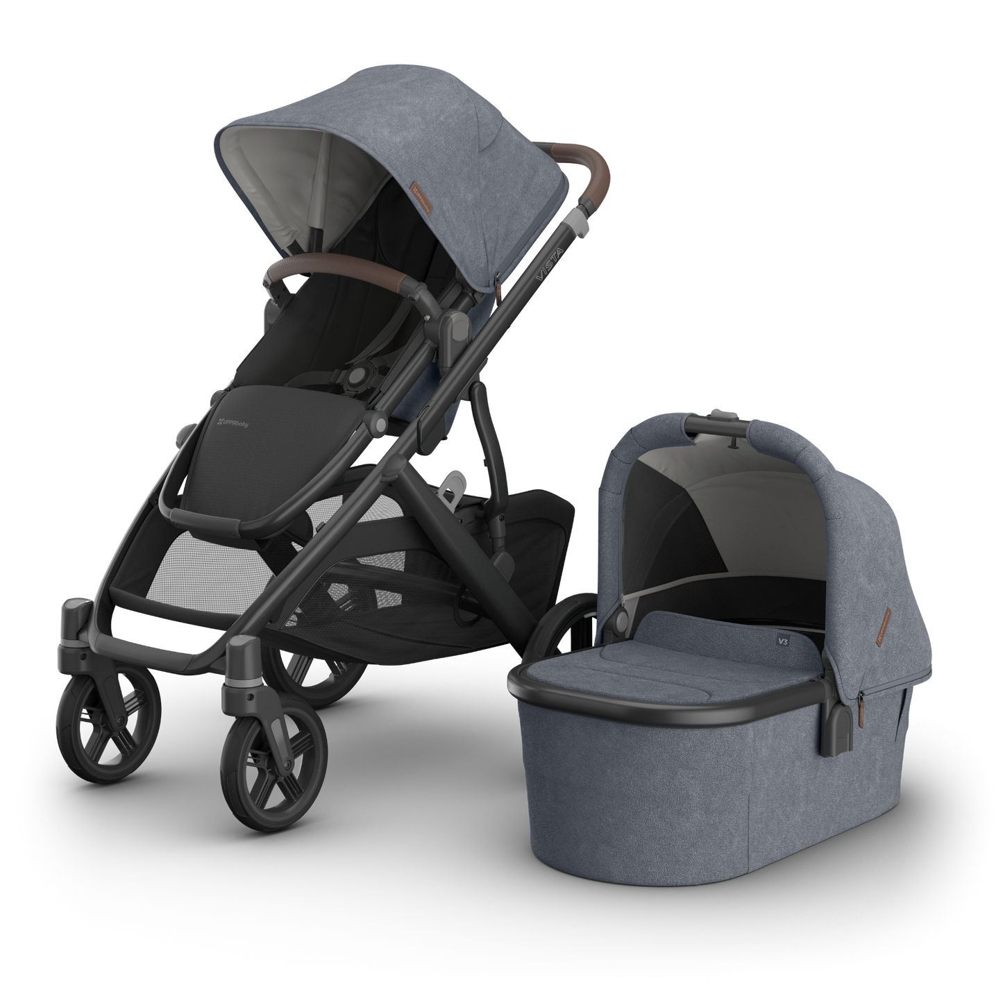UPPAbaby Vista V3 Pram with bassinet and Dusty Blue Melange Fabric with a carbon frame and Chestnut leather accents. 