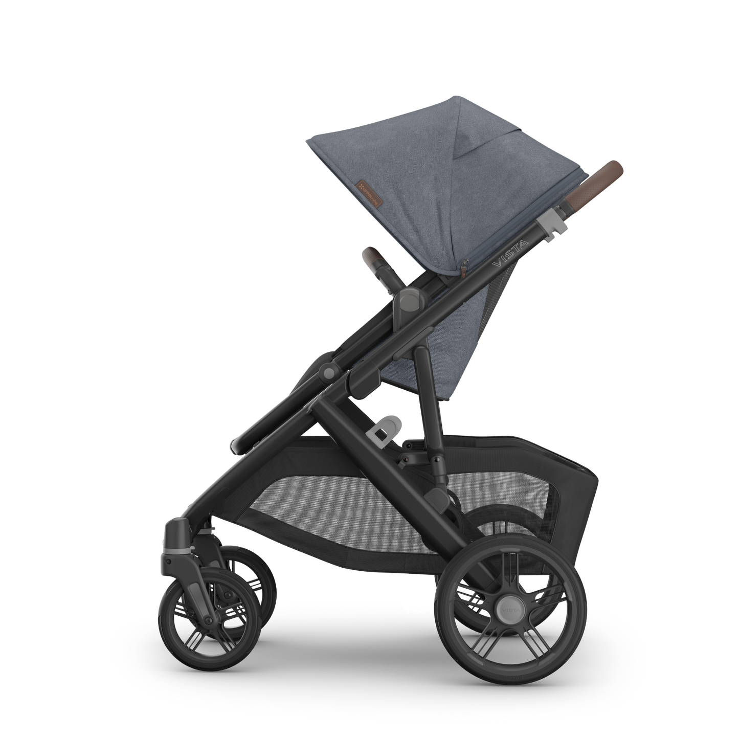 UPPAbaby Vista V3 Pram with bassinet and Dusty Blue Melange Fabric with a carbon frame and Chestnut leather accents. 