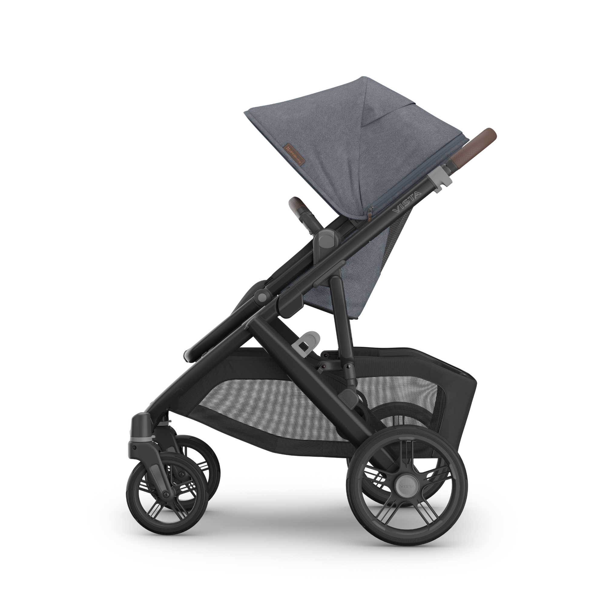 UPPAbaby Vista V3 Pram with bassinet and Dusty Blue Melange Fabric with a carbon frame and Chestnut leather accents. 