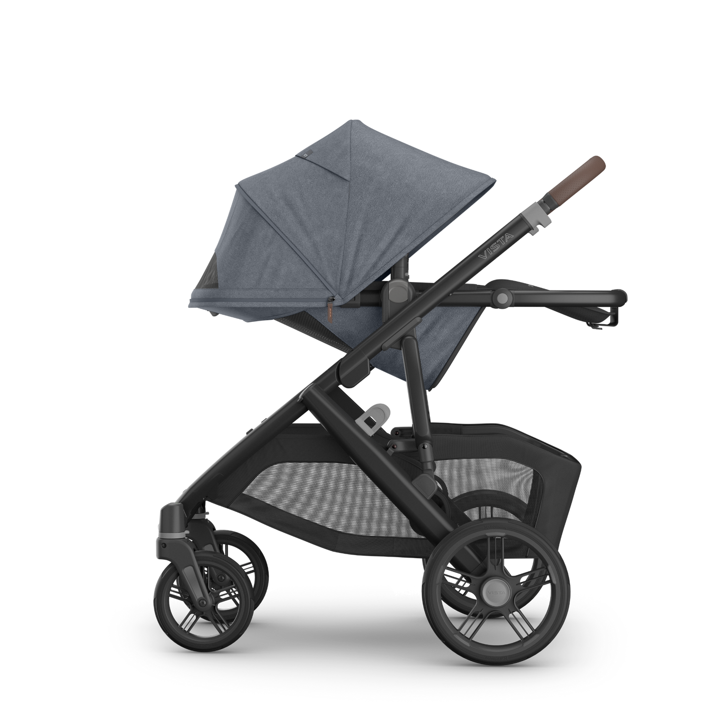 UPPAbaby Vista V3 Pram with bassinet and Dusty Blue Melange Fabric with a carbon frame and Chestnut leather accents. 