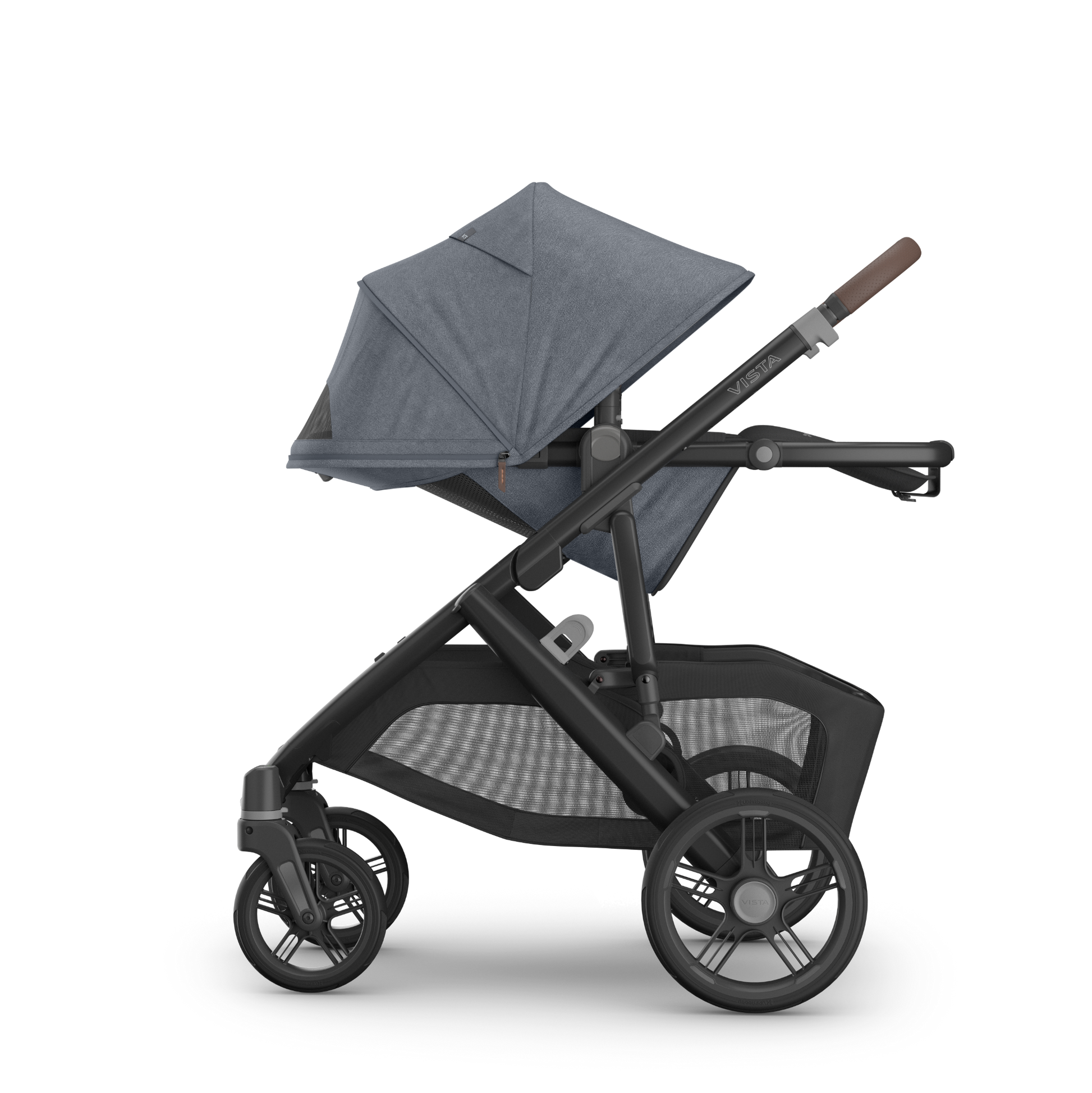 UPPAbaby Vista V3 Pram with bassinet and Dusty Blue Melange Fabric with a carbon frame and Chestnut leather accents. 
