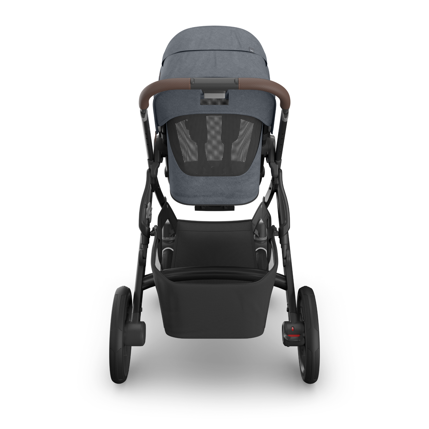 UPPAbaby Vista V3 Pram with bassinet and Dusty Blue Melange Fabric with a carbon frame and Chestnut leather accents. 