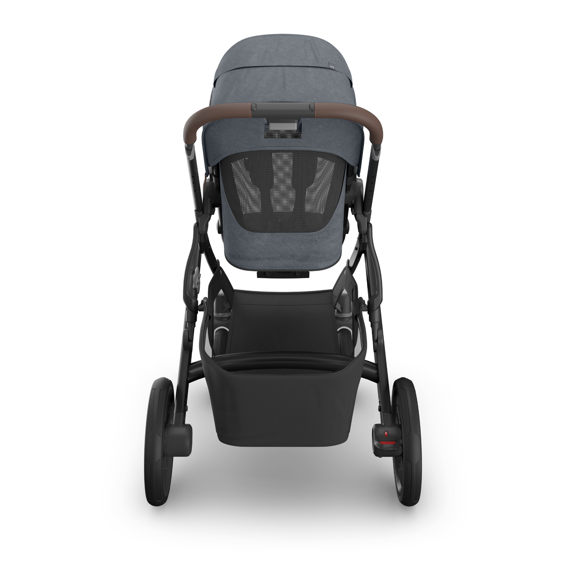 UPPAbaby Vista V3 Pram with bassinet and Dusty Blue Melange Fabric with a carbon frame and Chestnut leather accents. 