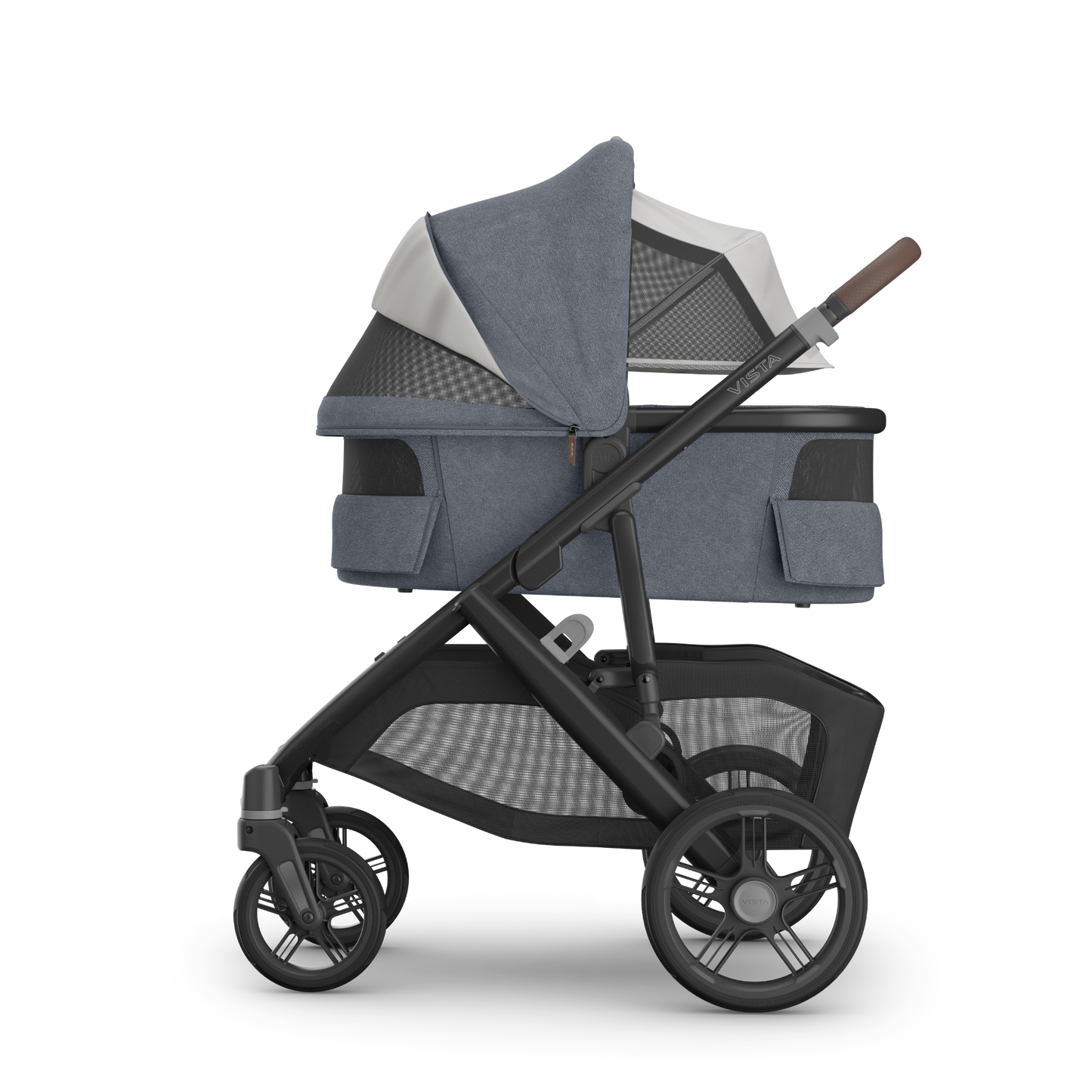 UPPAbaby Vista V3 Pram with bassinet and Dusty Blue Melange Fabric with a carbon frame and Chestnut leather accents. 
