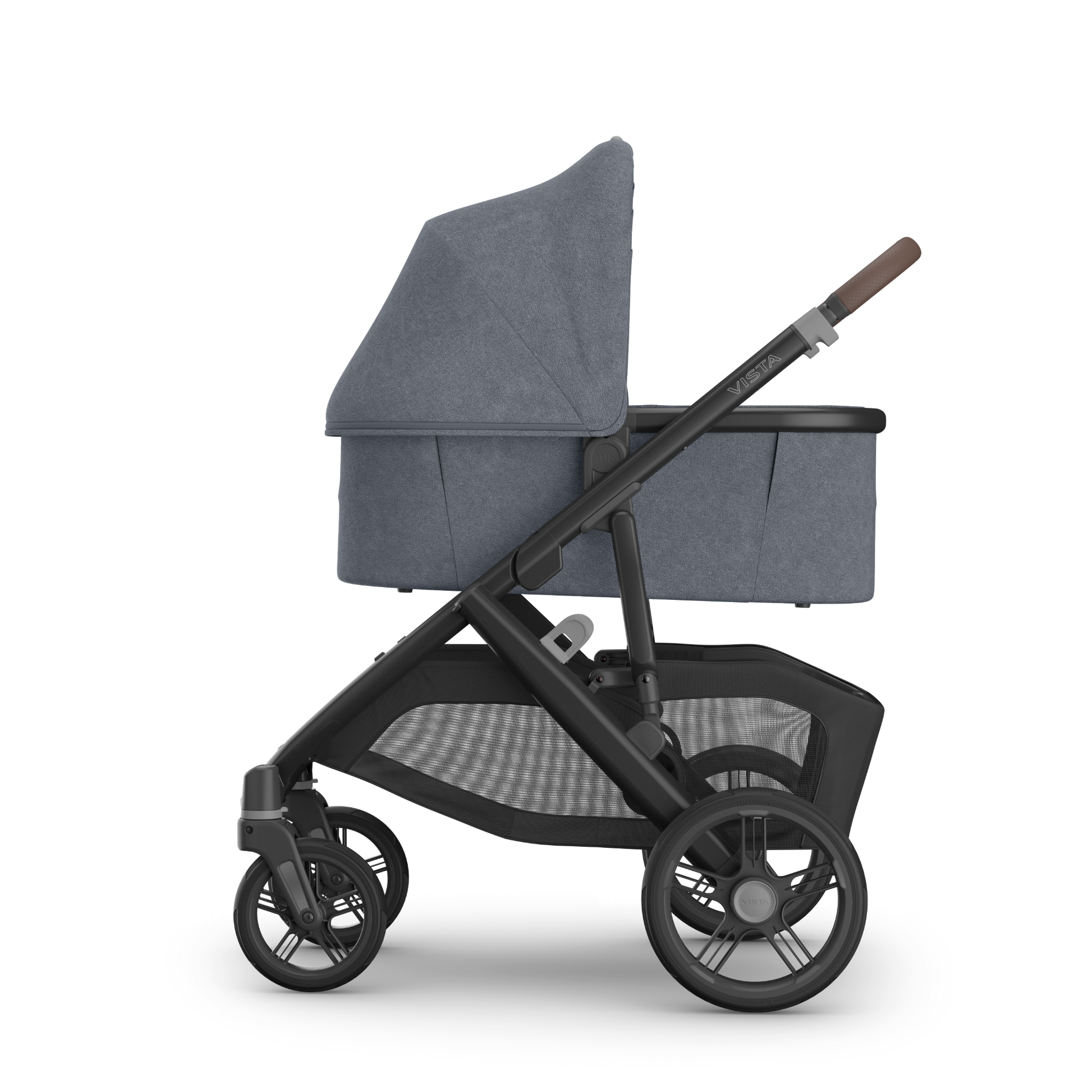 UPPAbaby Vista V3 Pram with bassinet and Dusty Blue Melange Fabric with a carbon frame and Chestnut leather accents. 