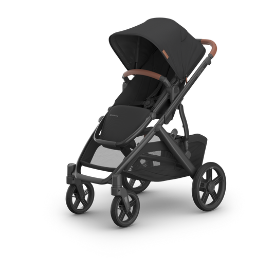 UPPAbaby Vista Nori Stroller (single) Black fabric, black carbon frame and Chestnut leather handle and bumper bar.  Main image of stroller. 
