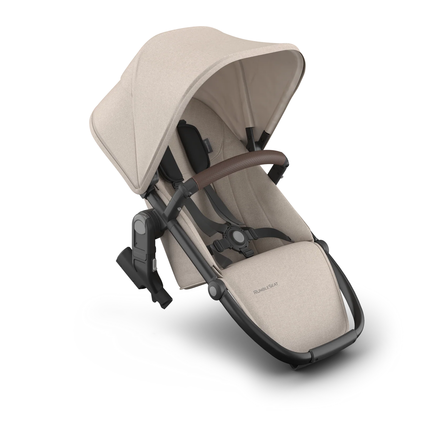 Beige baby stroller seat with black accents on a white background