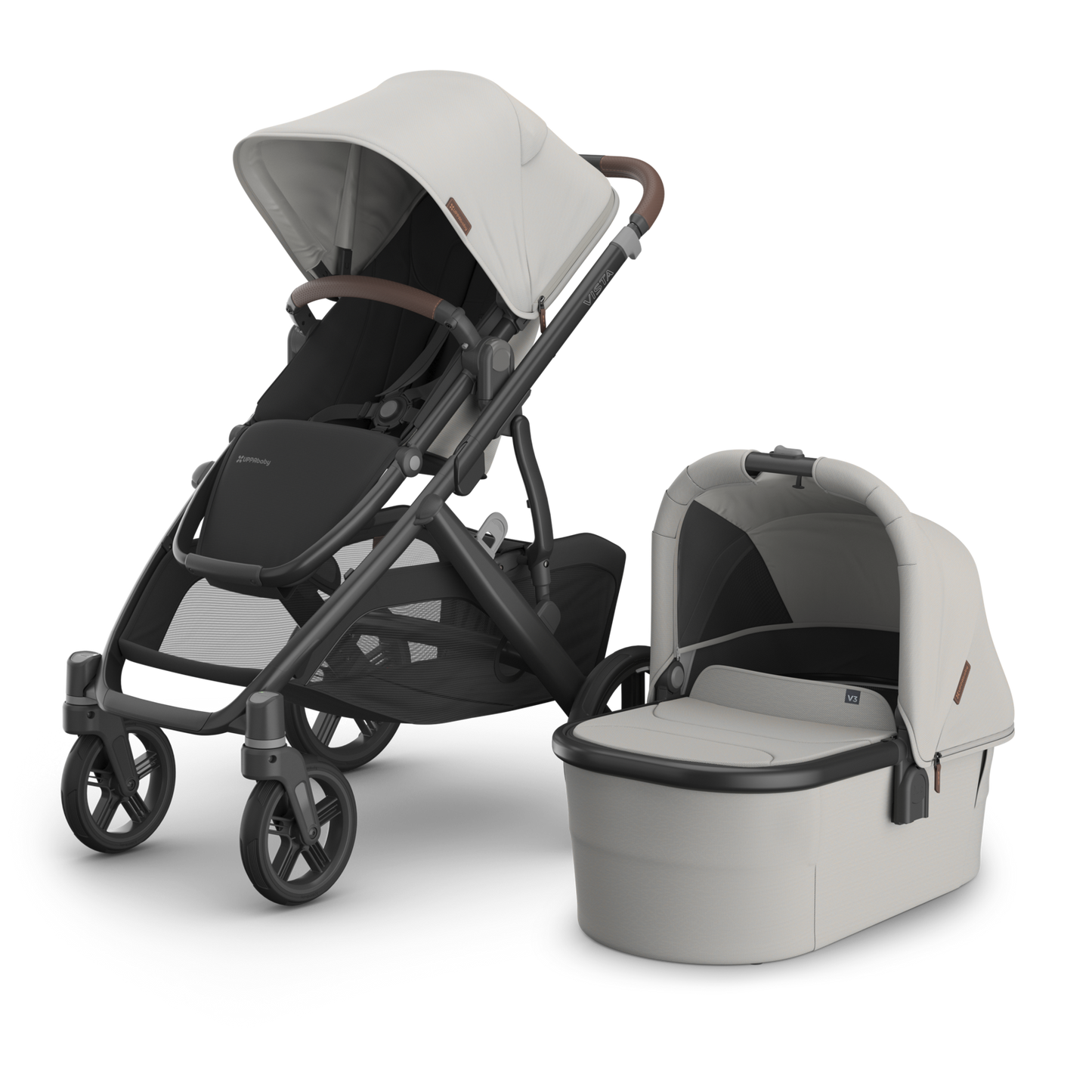UPPAbaby Vista V3 Stroller Grey Melange Jacquared Fabric, Carbon Frame and Dark Brown Leather accents. 