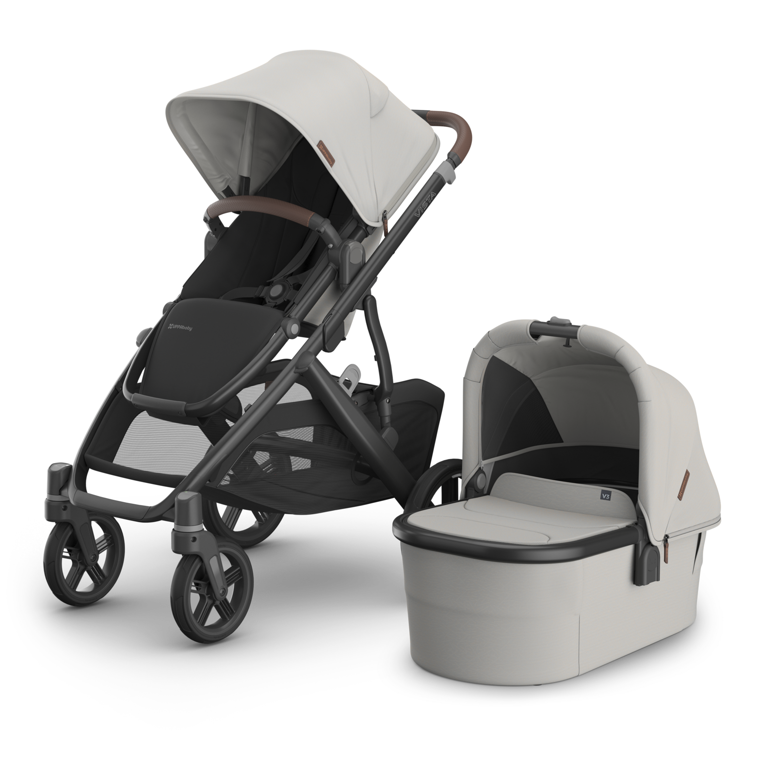 UPPAbaby Vista V3 Stroller Grey Melange Jacquared Fabric, Carbon Frame and Dark Brown Leather accents. 