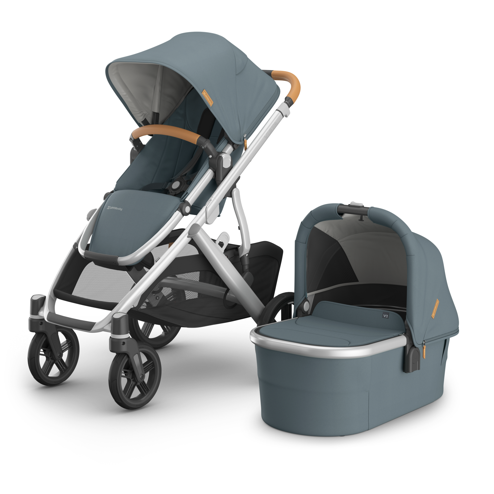 UPPAbaby Vista V3 StrollerSteel Blue Fabric, Silver  Frame and Sand (light) Brown Leather accents. 