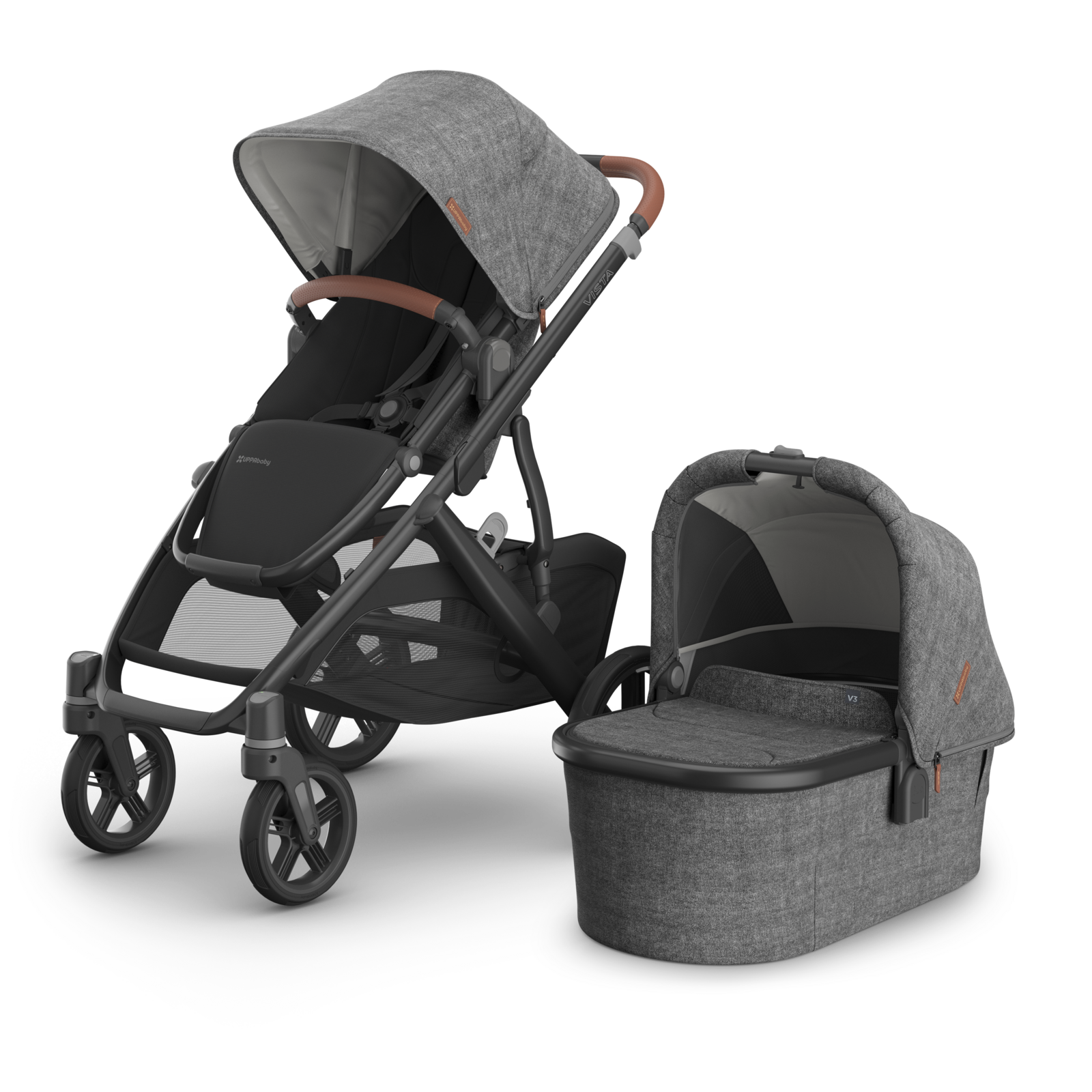 UPPAbaby Vista V3 Stroller Grey Melange Fabric, Carbon Frame and Chestnuc Brown Leather accents. 